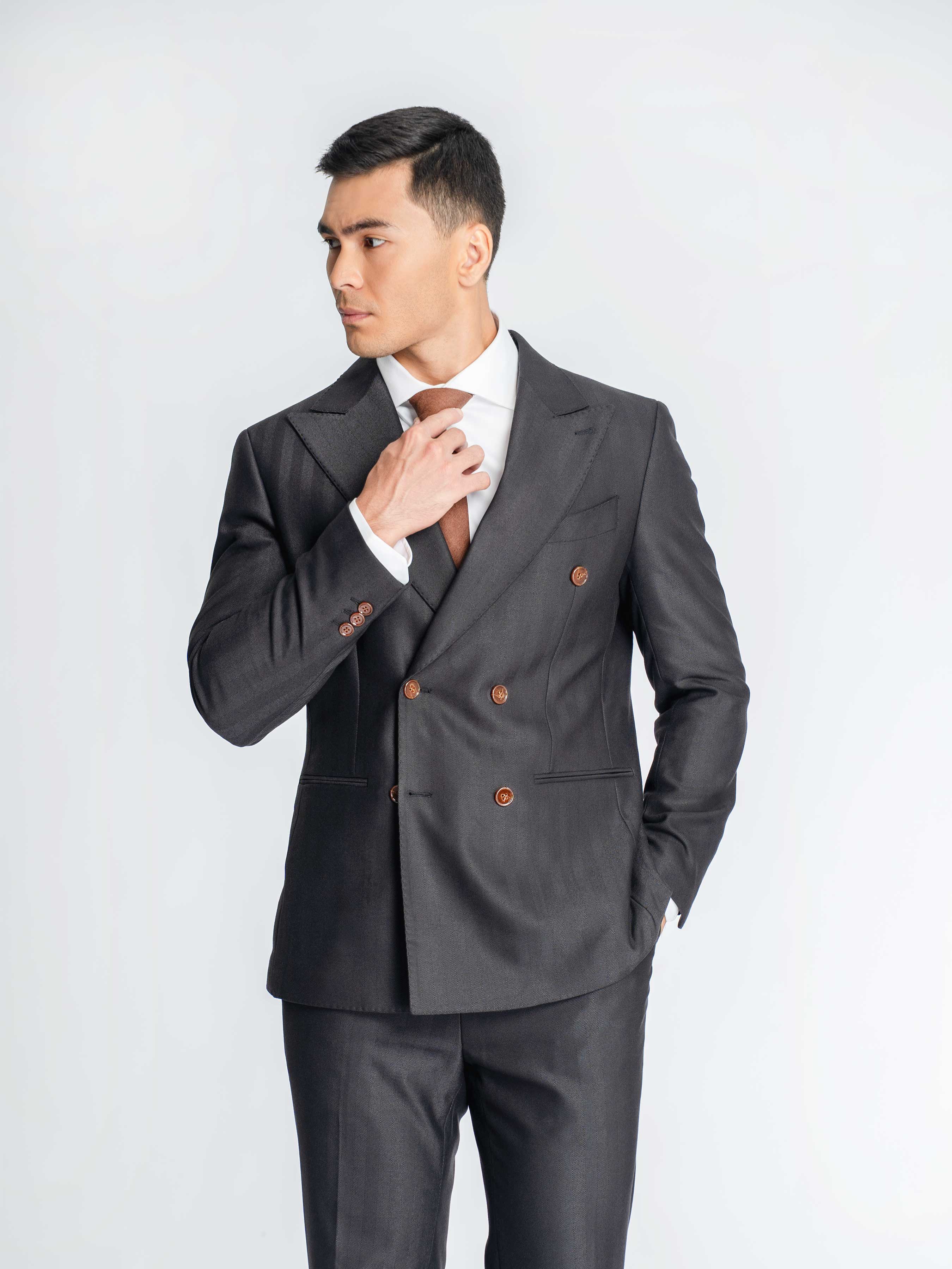 Double Breasted Suit Blazer – Grey Charcoal Shadow Stripe (Peak Lapel)