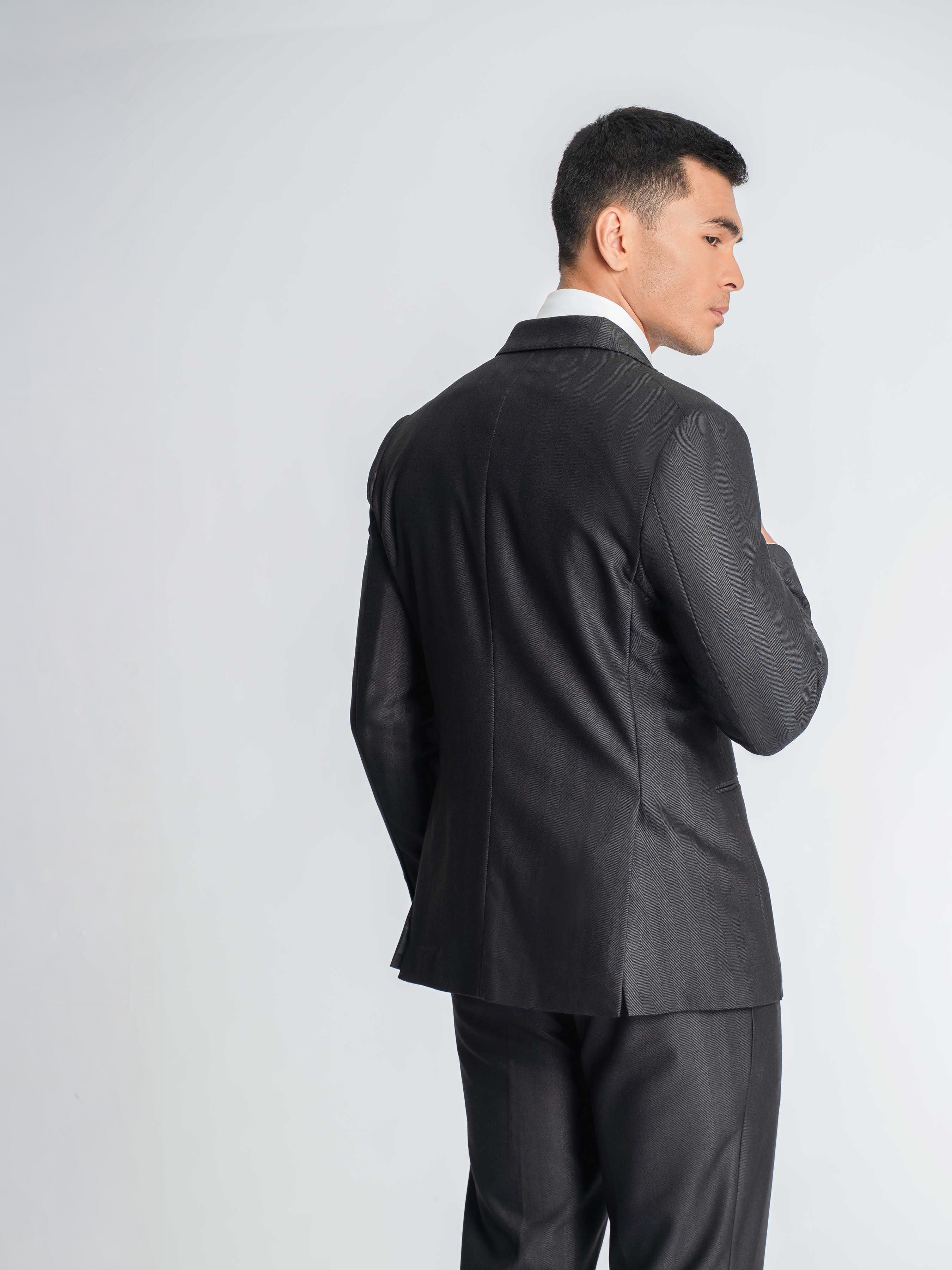 Double Breasted Suit Blazer – Grey Charcoal Shadow Stripe (Peak Lapel)