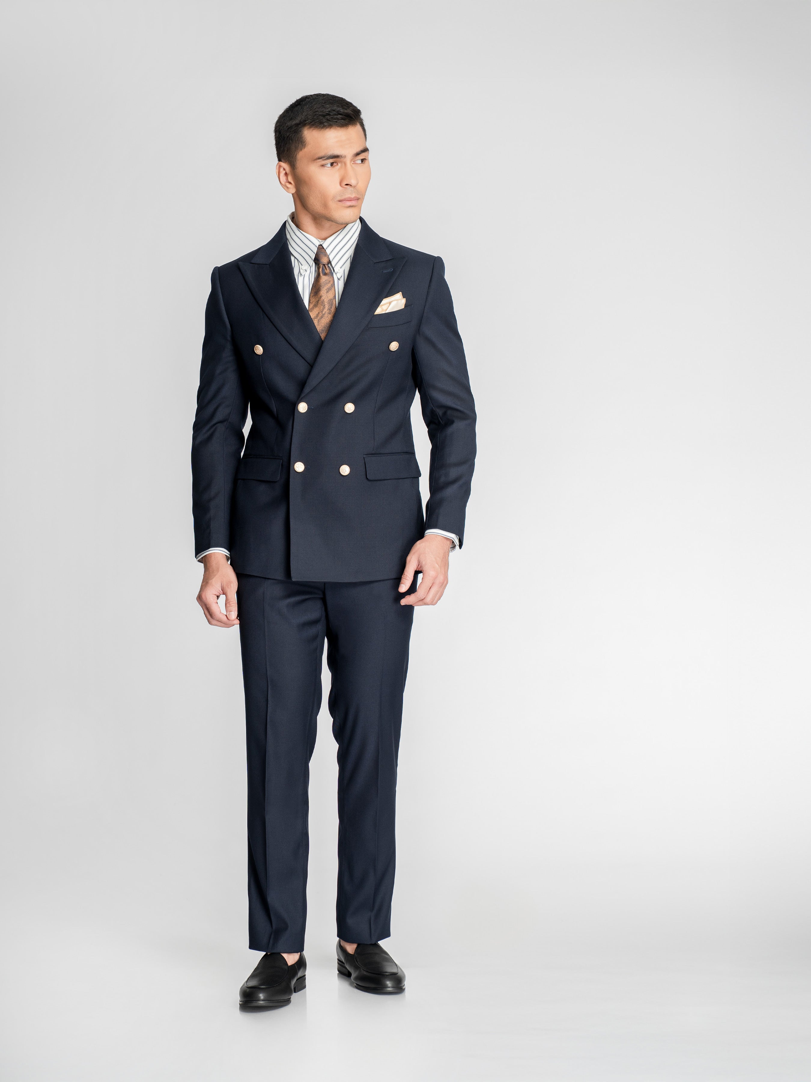 Double Breasted Suit Blazer - Midnight Blue Gold Accent (Peak Lapel)