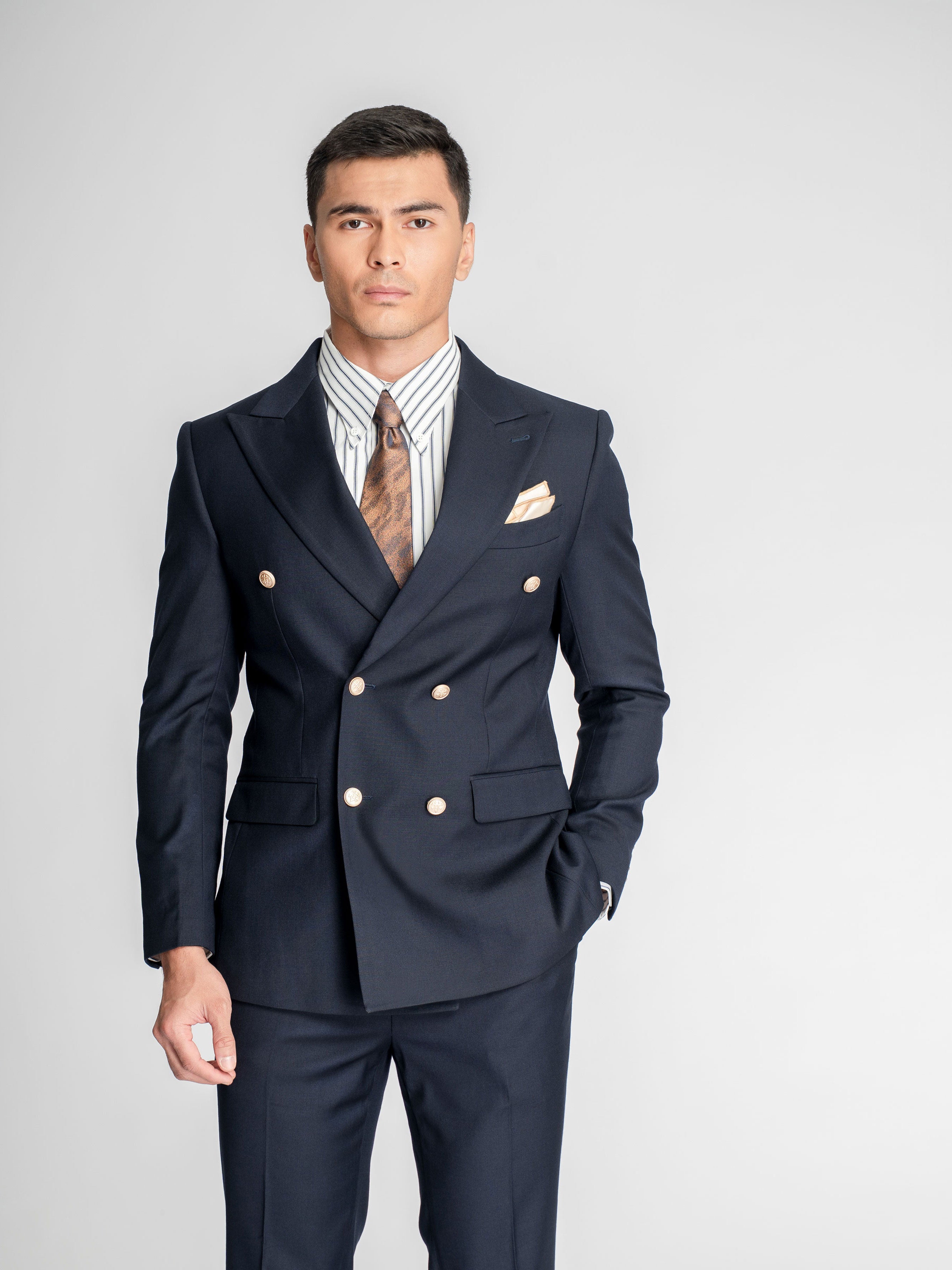 Double Breasted Suit Blazer - Midnight Blue Gold Accent (Peak Lapel)