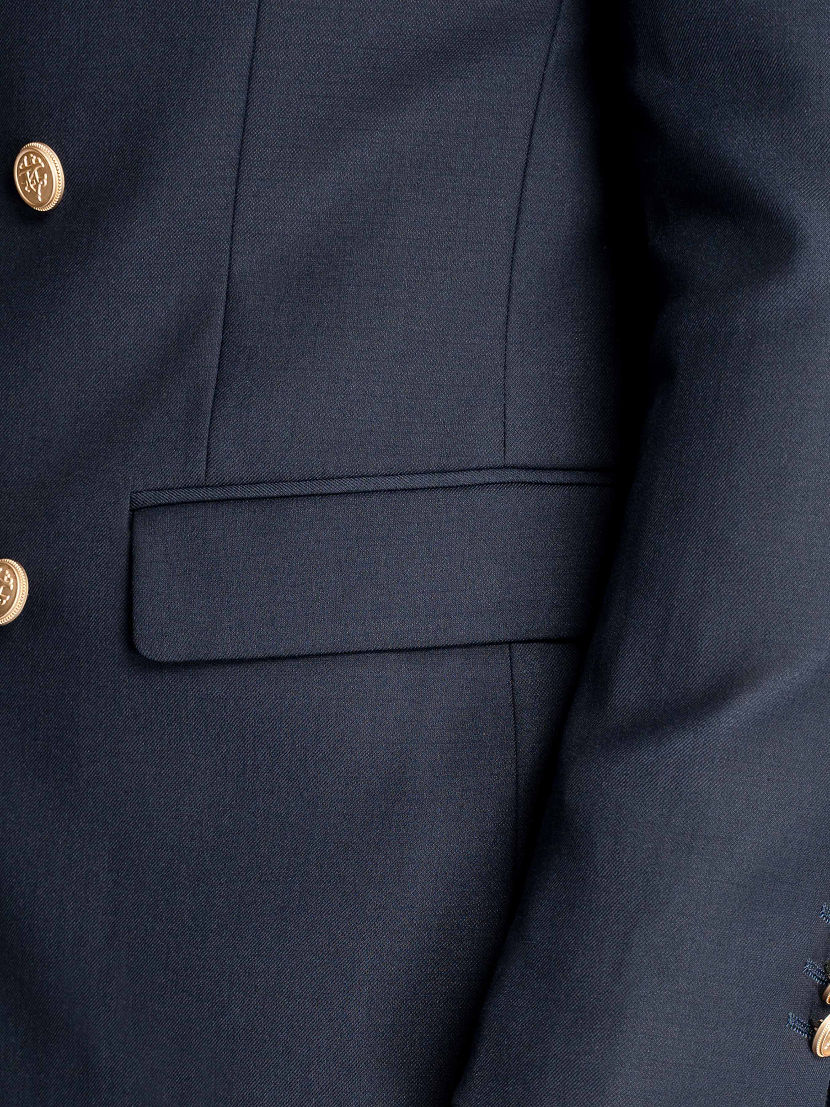 Double Breasted Suit Blazer - Midnight Blue Gold Accent (Peak Lapel)