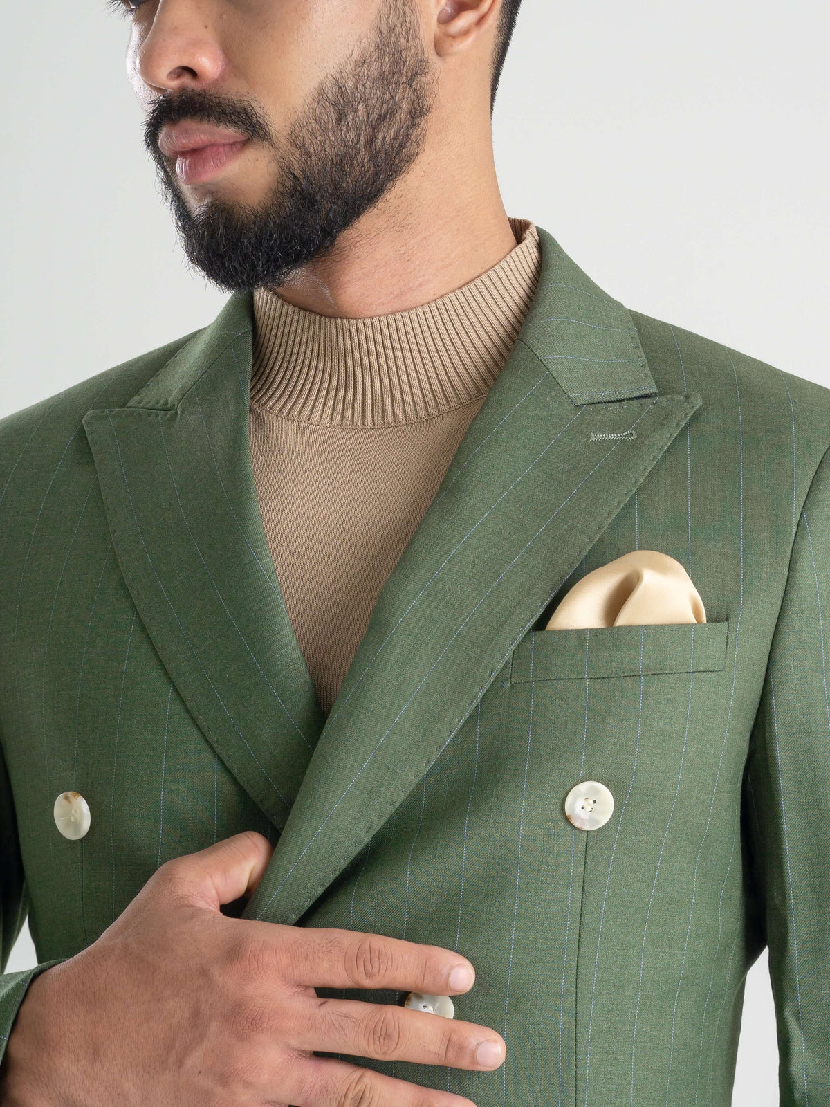 Double Breasted Suit Blazer Moss Green Stripe (Peak Lapel)