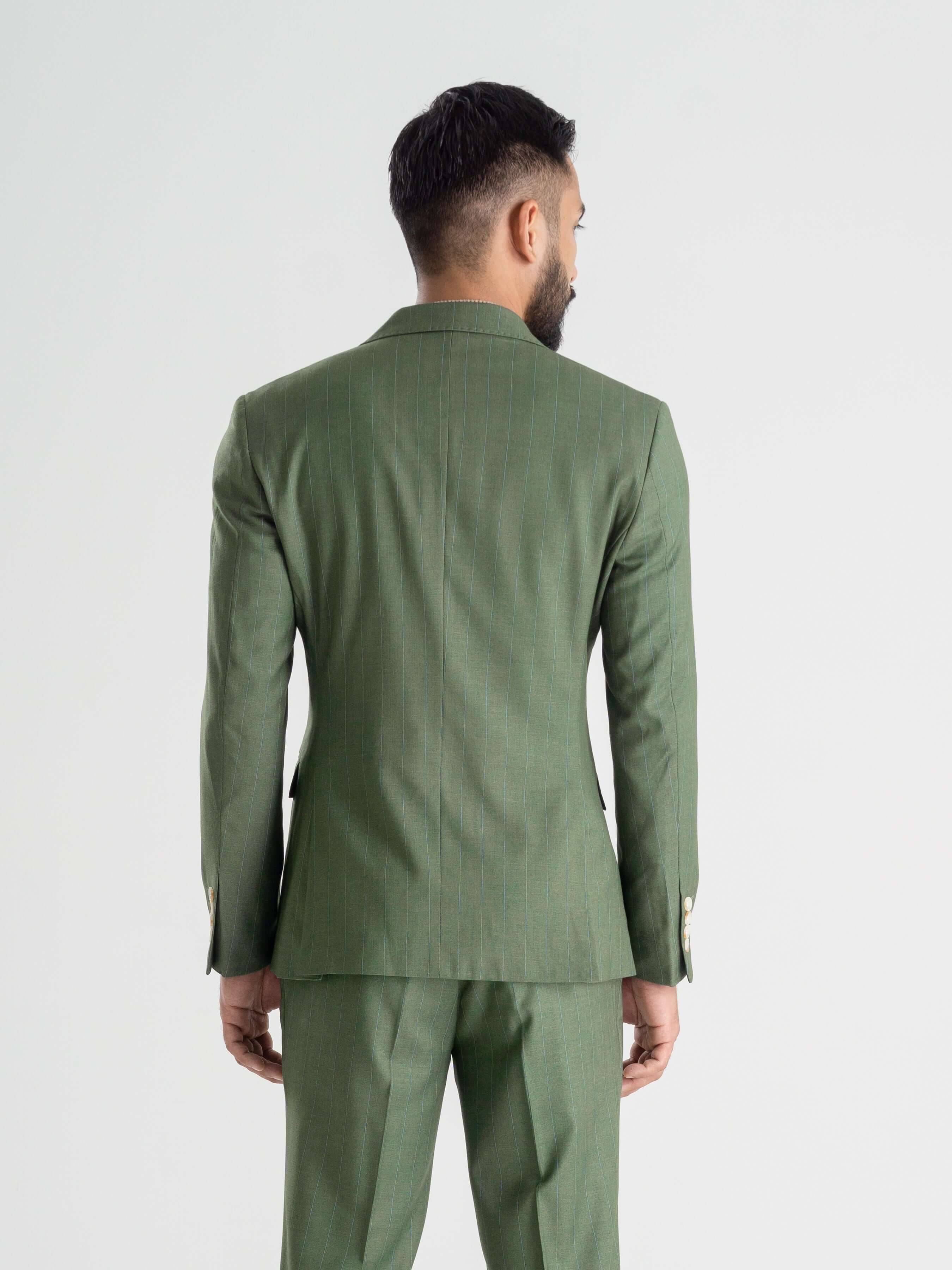 Double Breasted Suit Blazer - Moss Green Stripe (Peak Lapel)