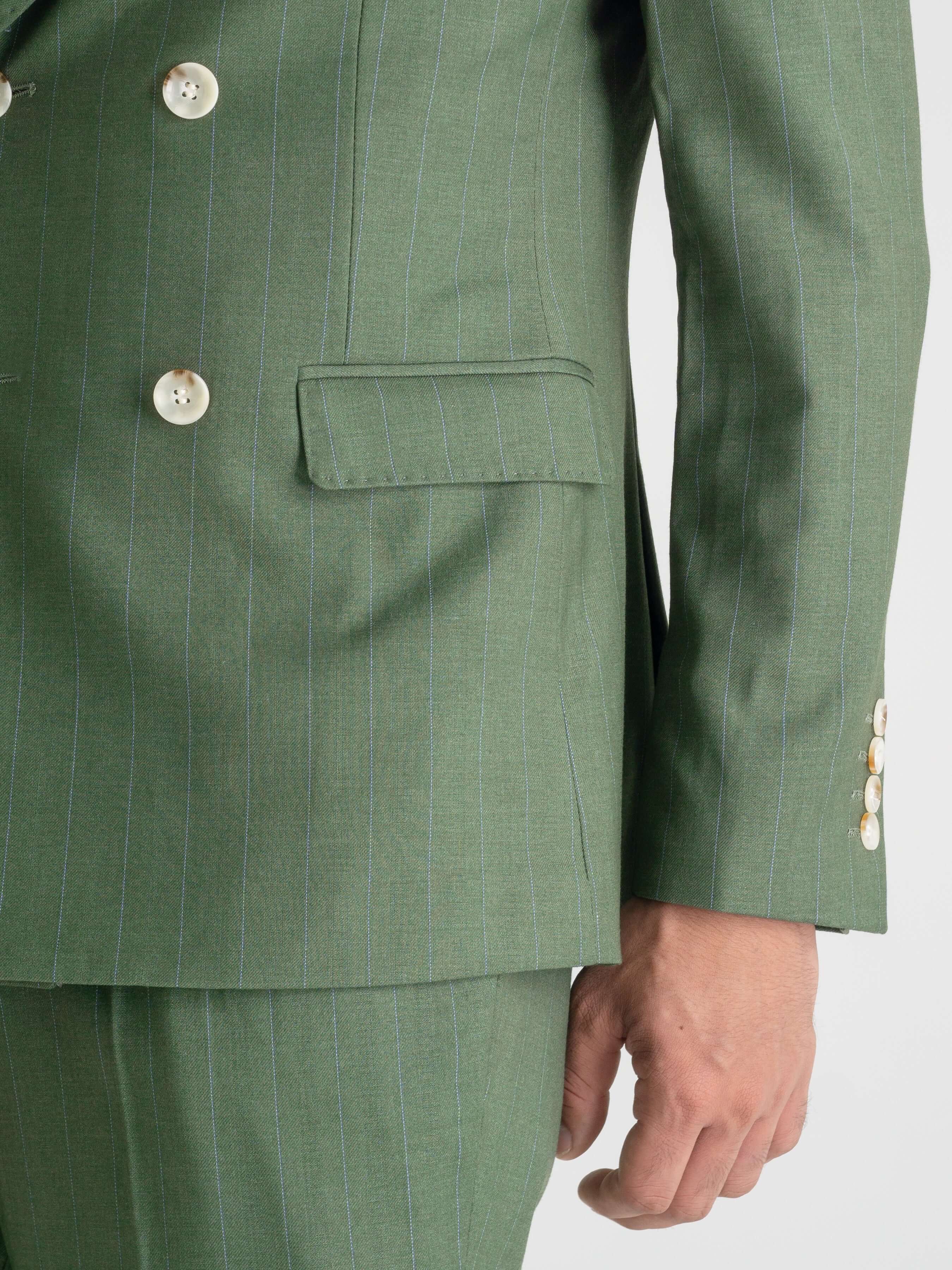 Double Breasted Suit Blazer - Moss Green Stripe (Peak Lapel)