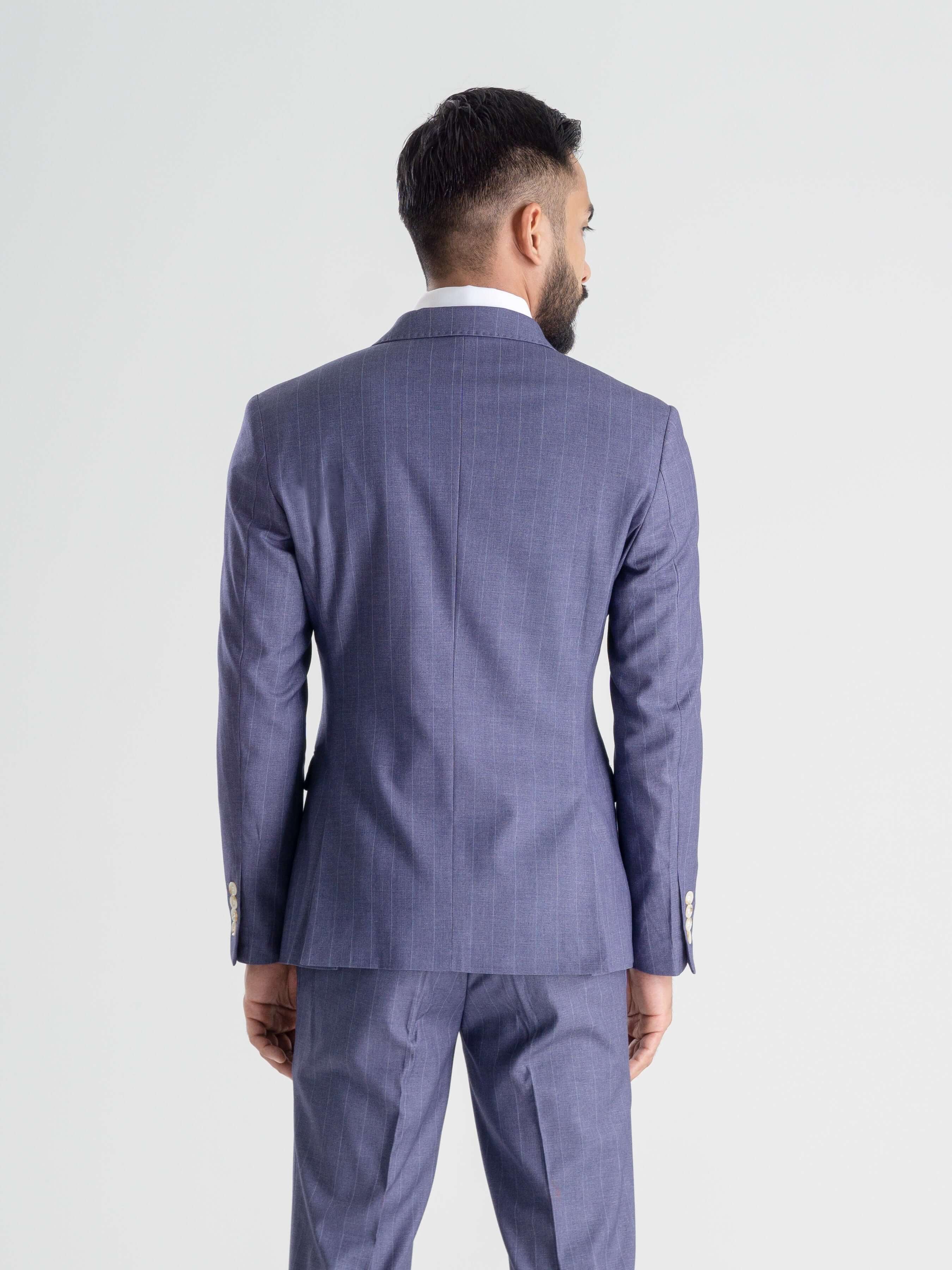 Double Breasted Suit Blazer - Iris Blue Stripe (Peak Lapel)