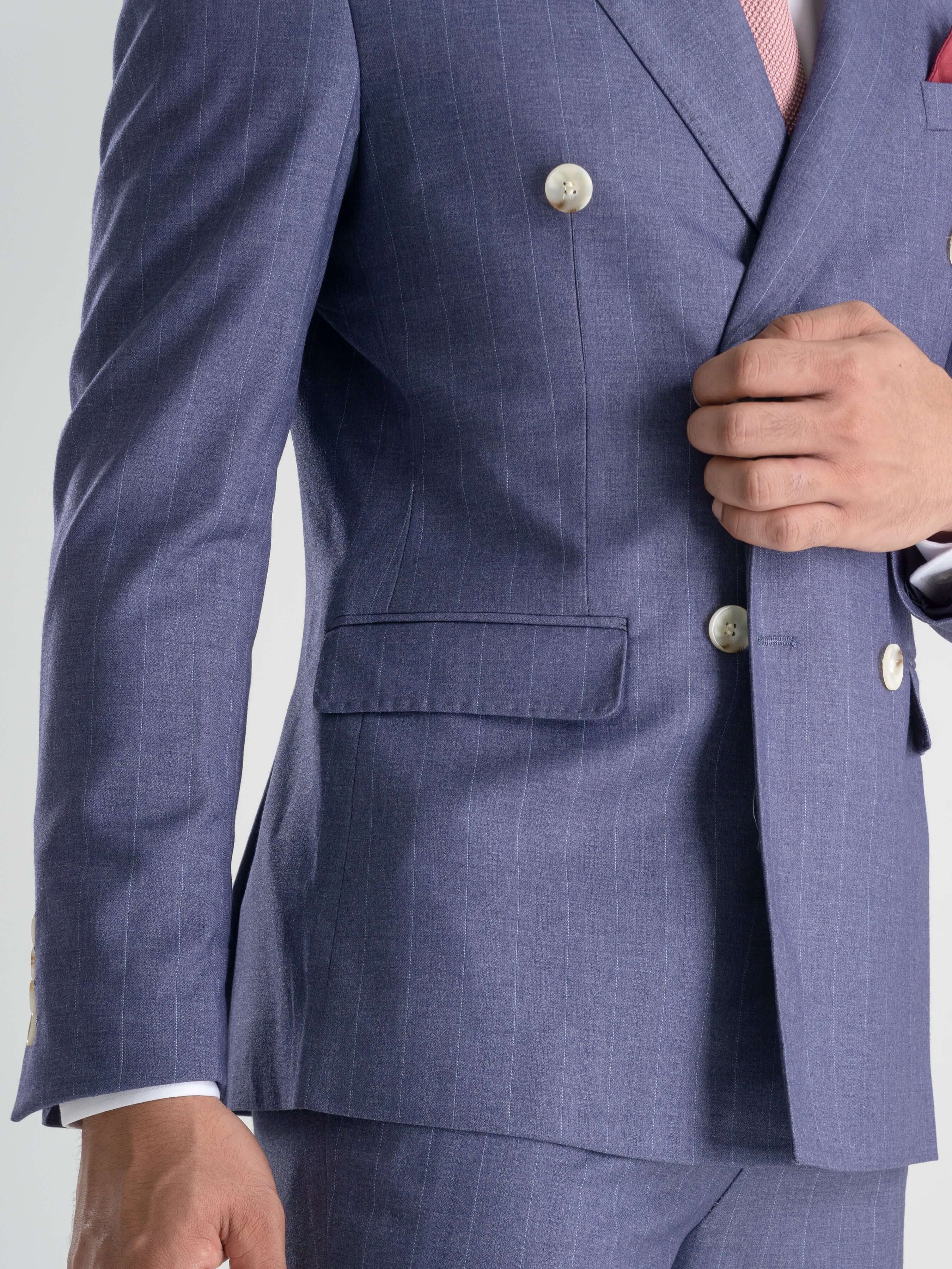 Double Breasted Suit Blazer - Iris Blue Stripe (Peak Lapel)