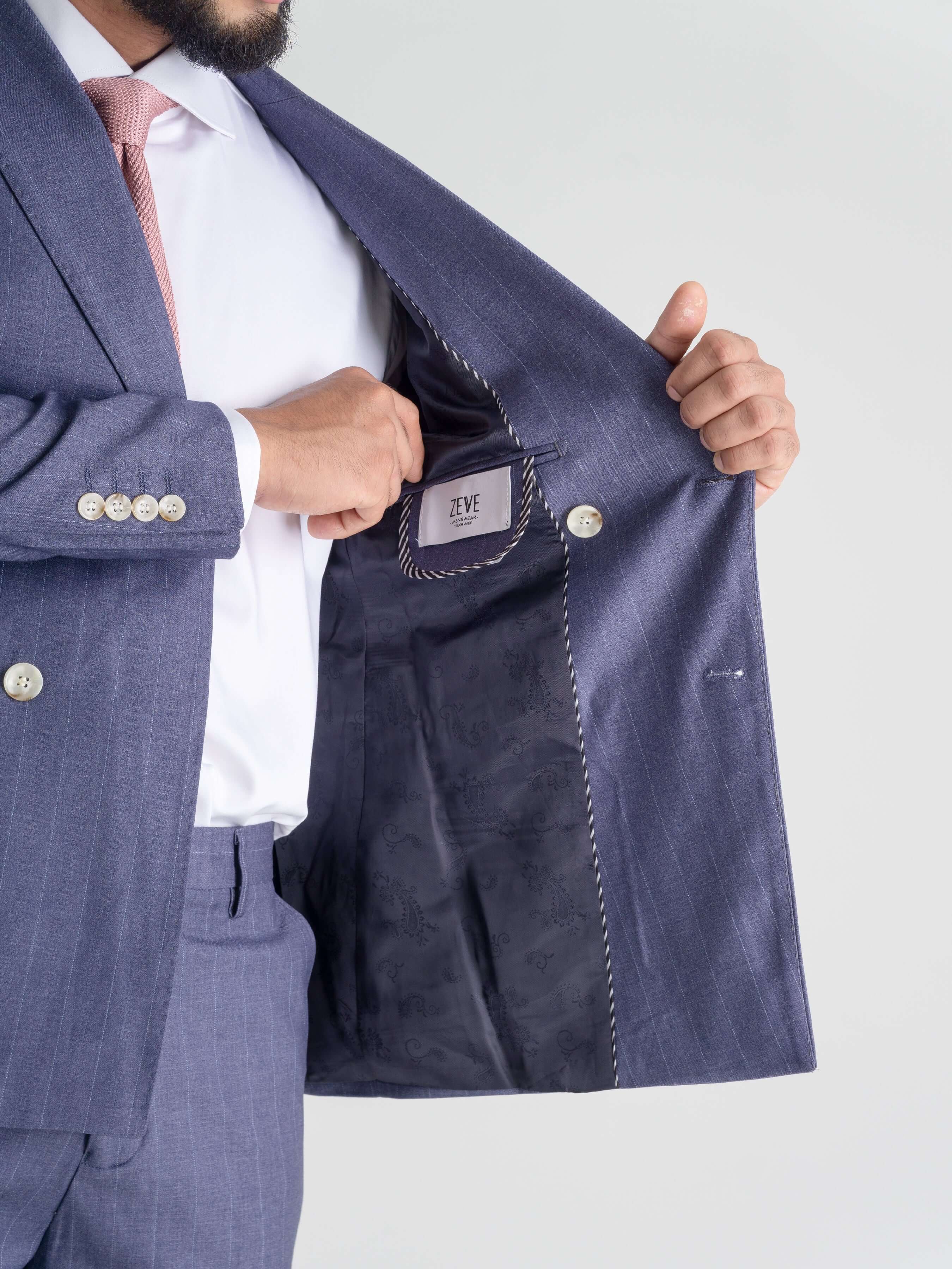 Double Breasted Suit Blazer - Iris Blue Stripe (Peak Lapel)