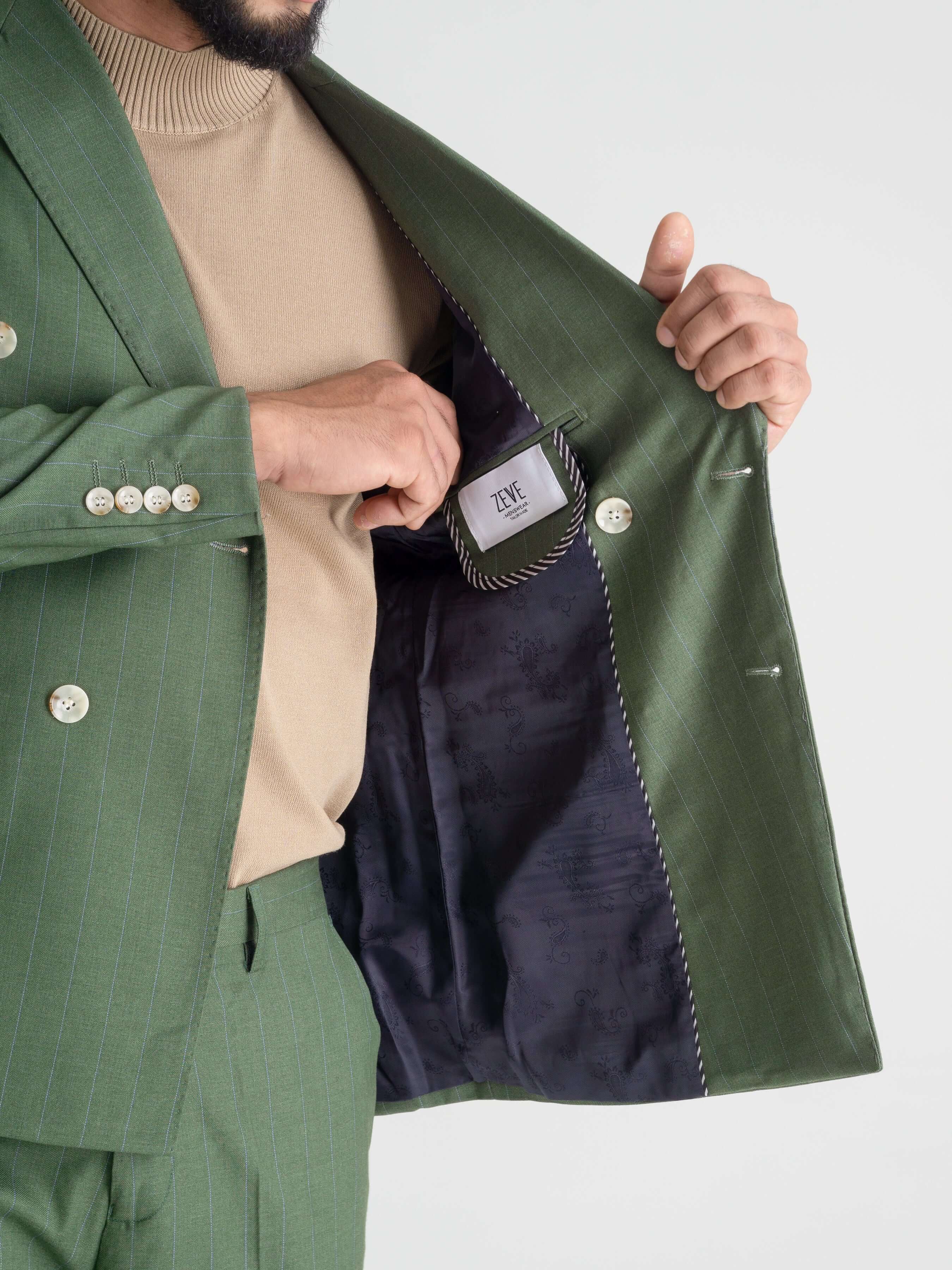Double Breasted Suit Blazer - Moss Green Stripe (Peak Lapel)
