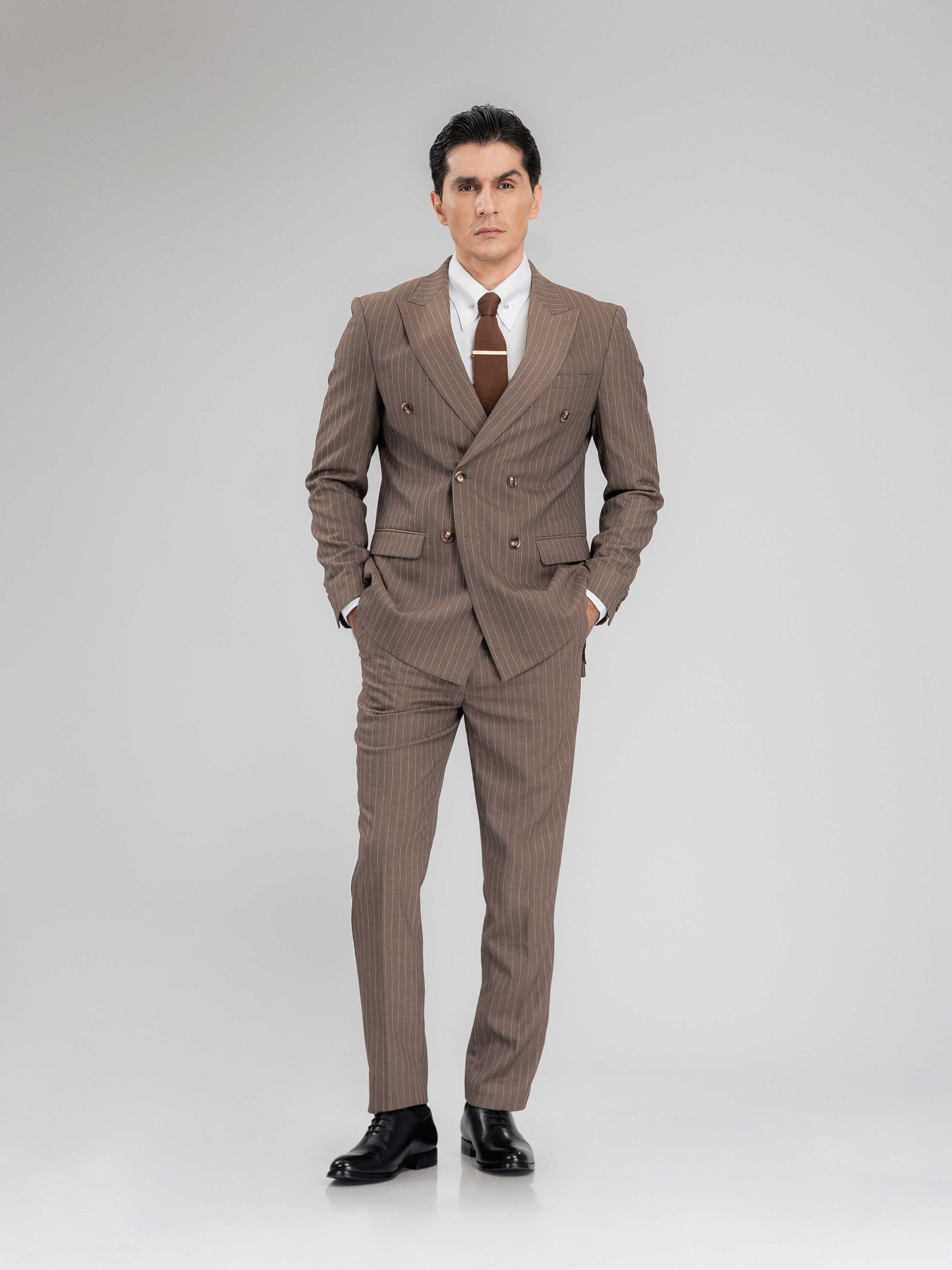 DoubleBreastedSuitBlazerBrownPinstripesPeakLapelFull1 - Zeve