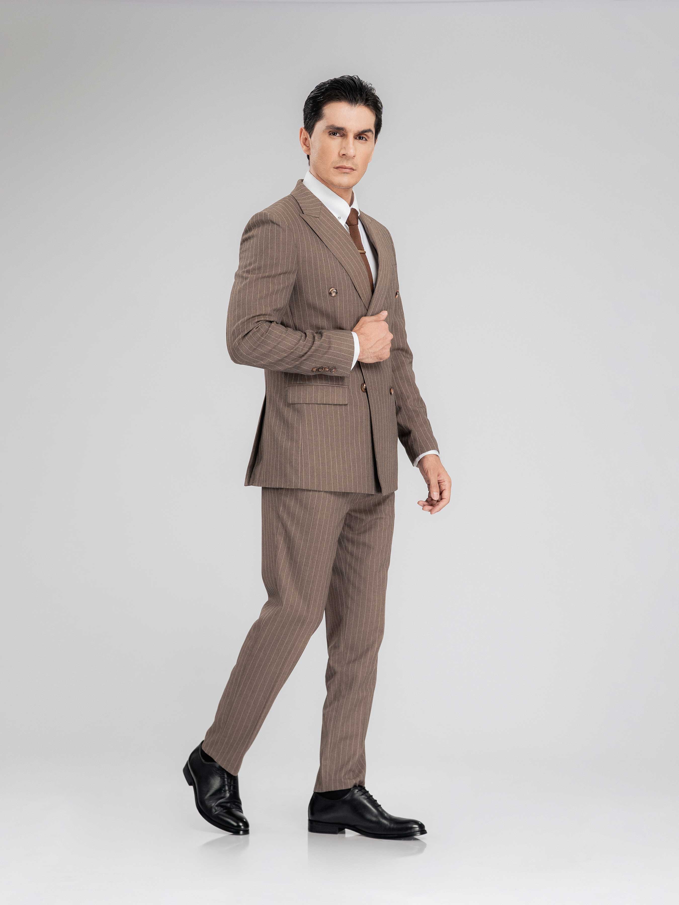 DoubleBreastedSuitBlazerBrownPinstripesPeakLapelFull2 - Zeve