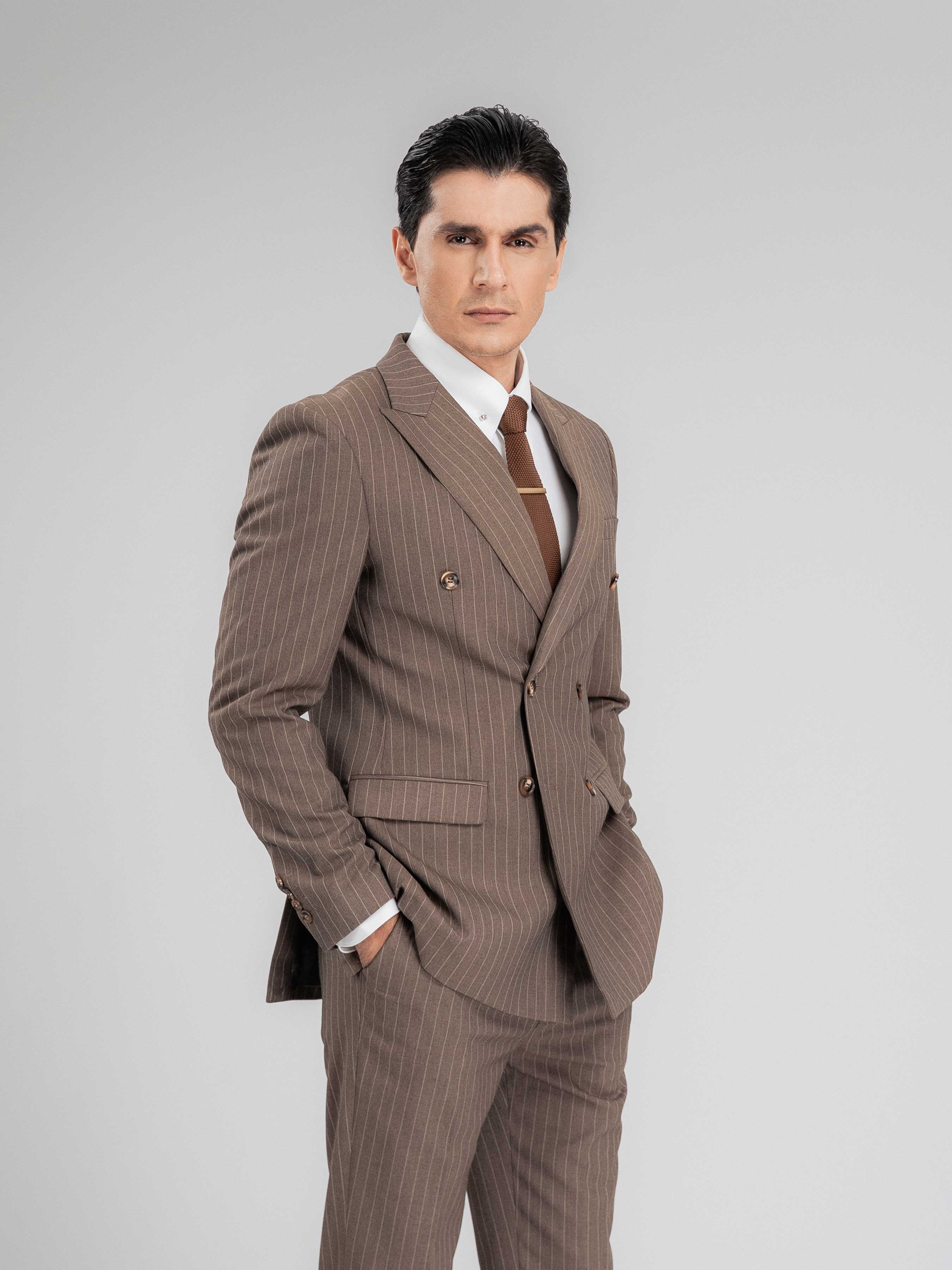 DoubleBreastedSuitBlazerBrownPinstripesPeakLapelMain - Zeve