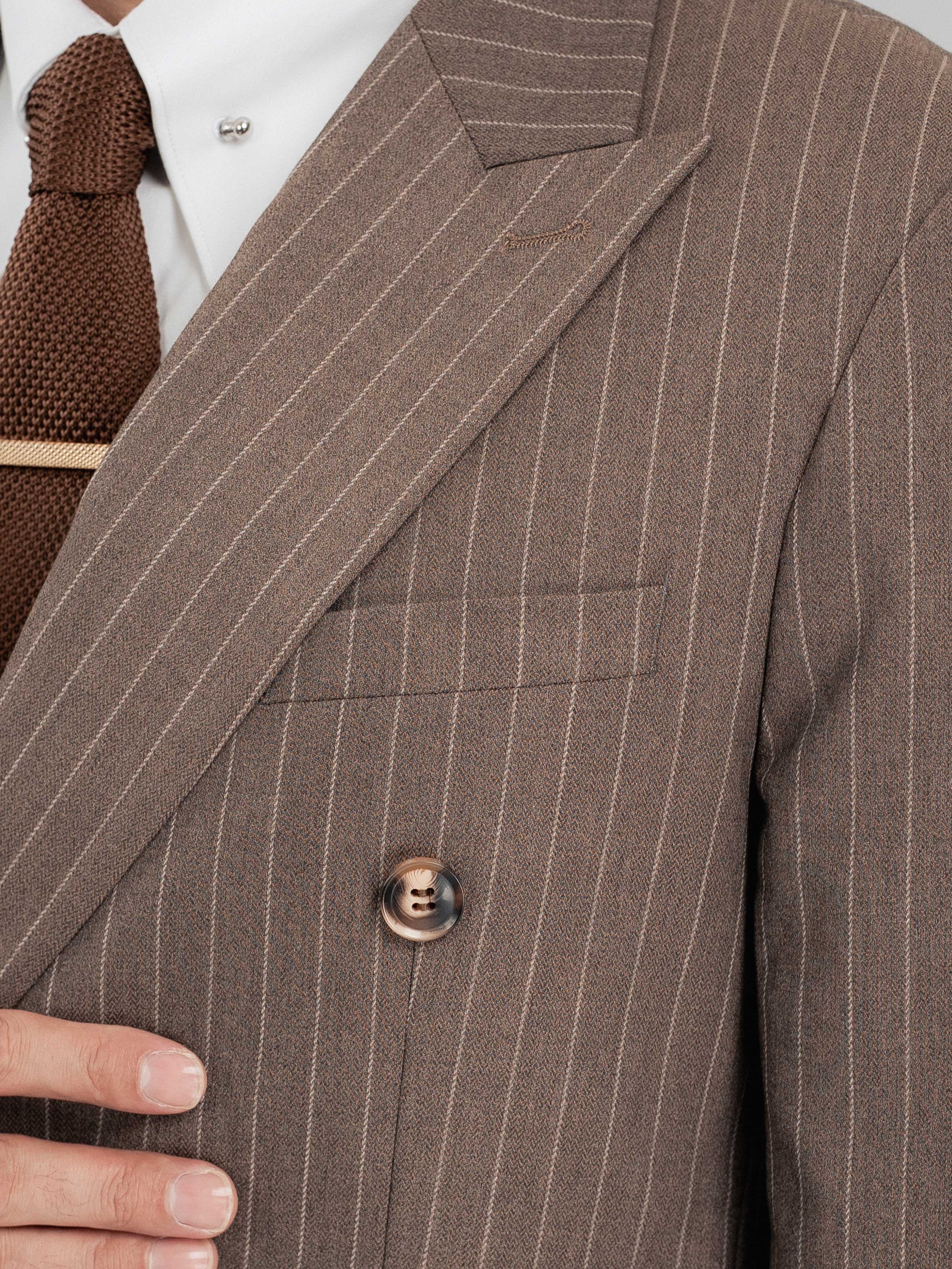DoubleBreastedSuitBlazerBrownPinstripesPeakLapelPocket - Zeve