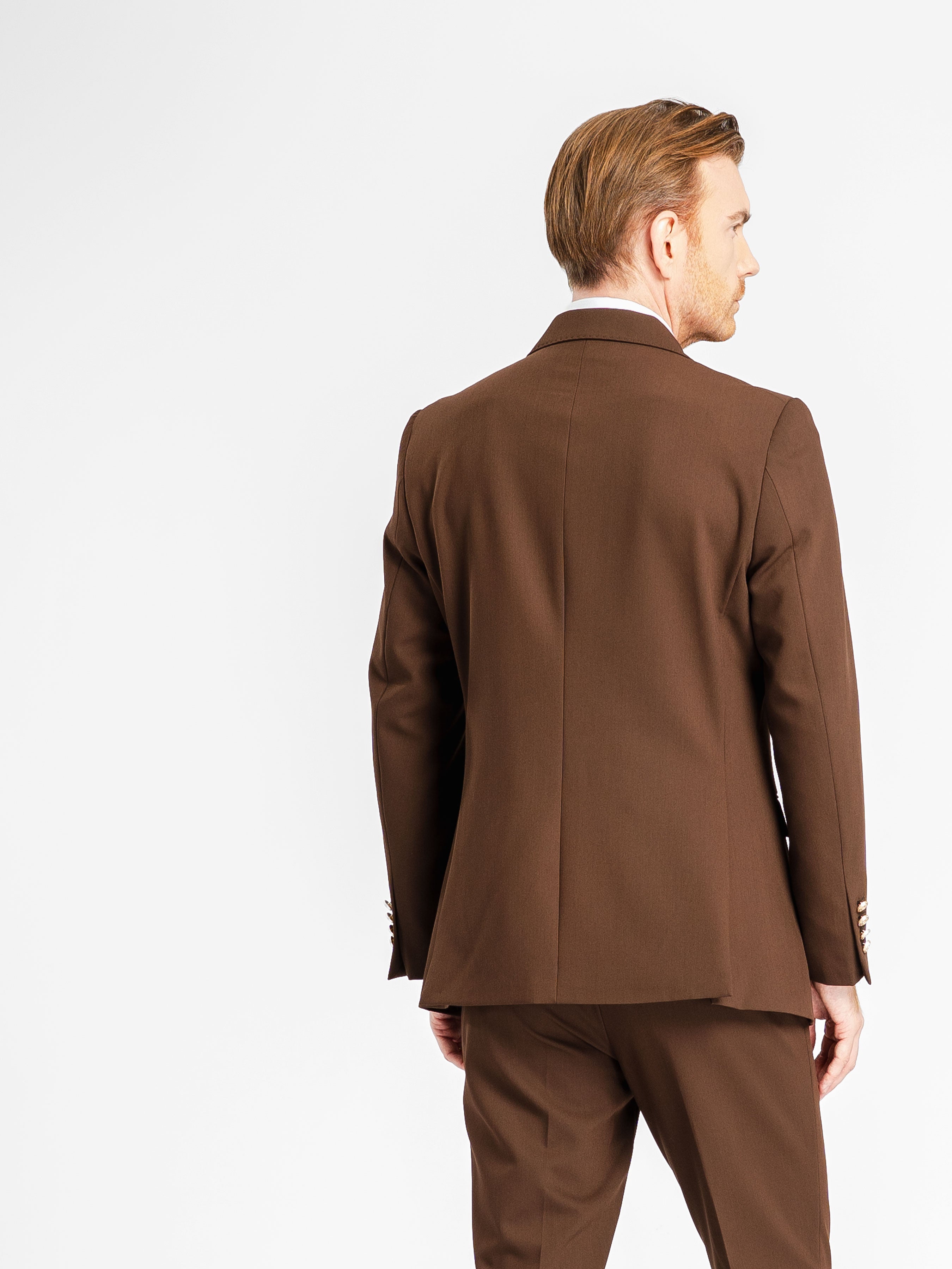 Double Breasted Suit Blazer – Dark Brown Gold Button Accent (Peak Lapel)