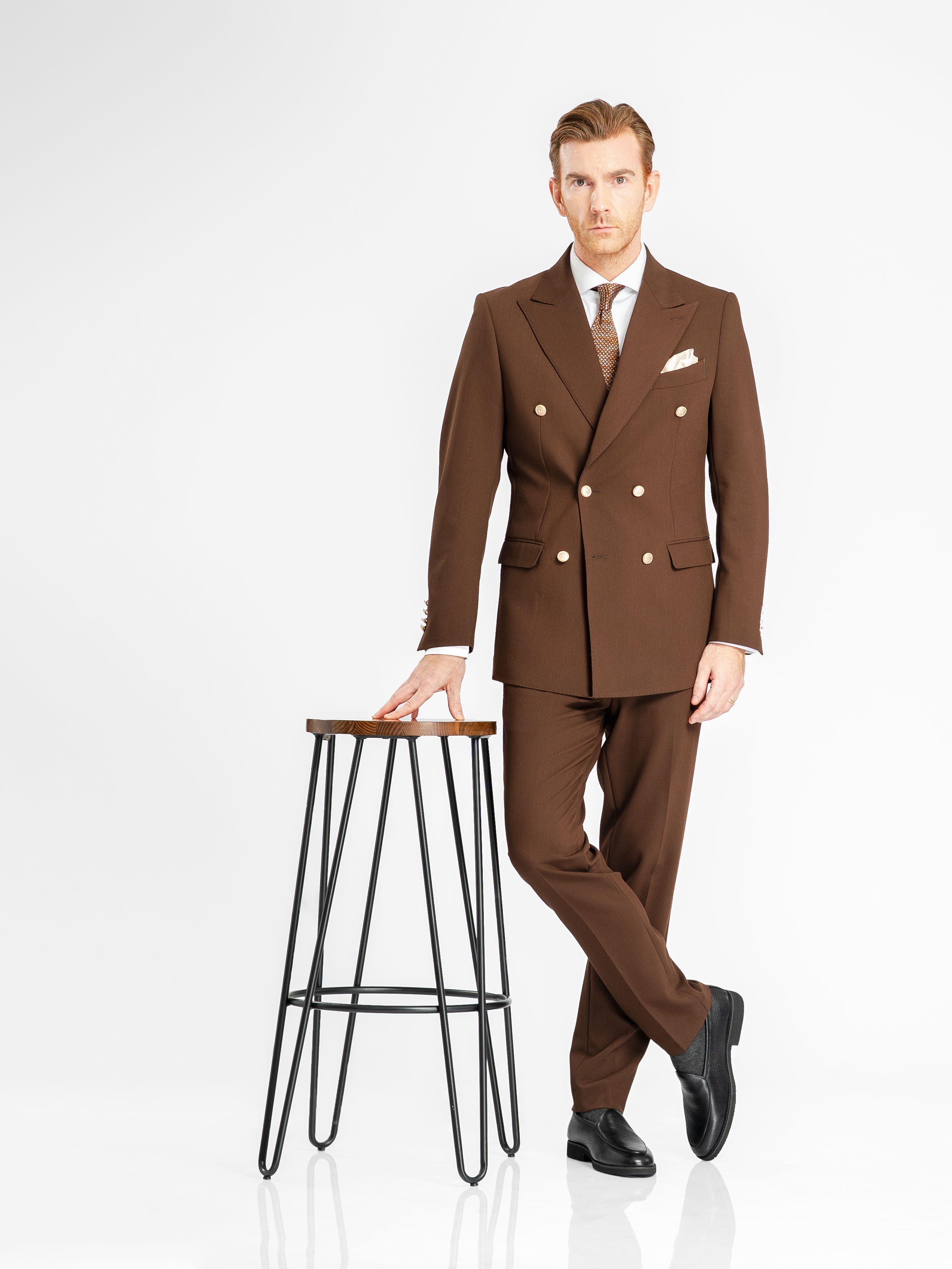 Double Breasted Suit Blazer – Dark Brown Gold Button Accent (Peak Lapel)
