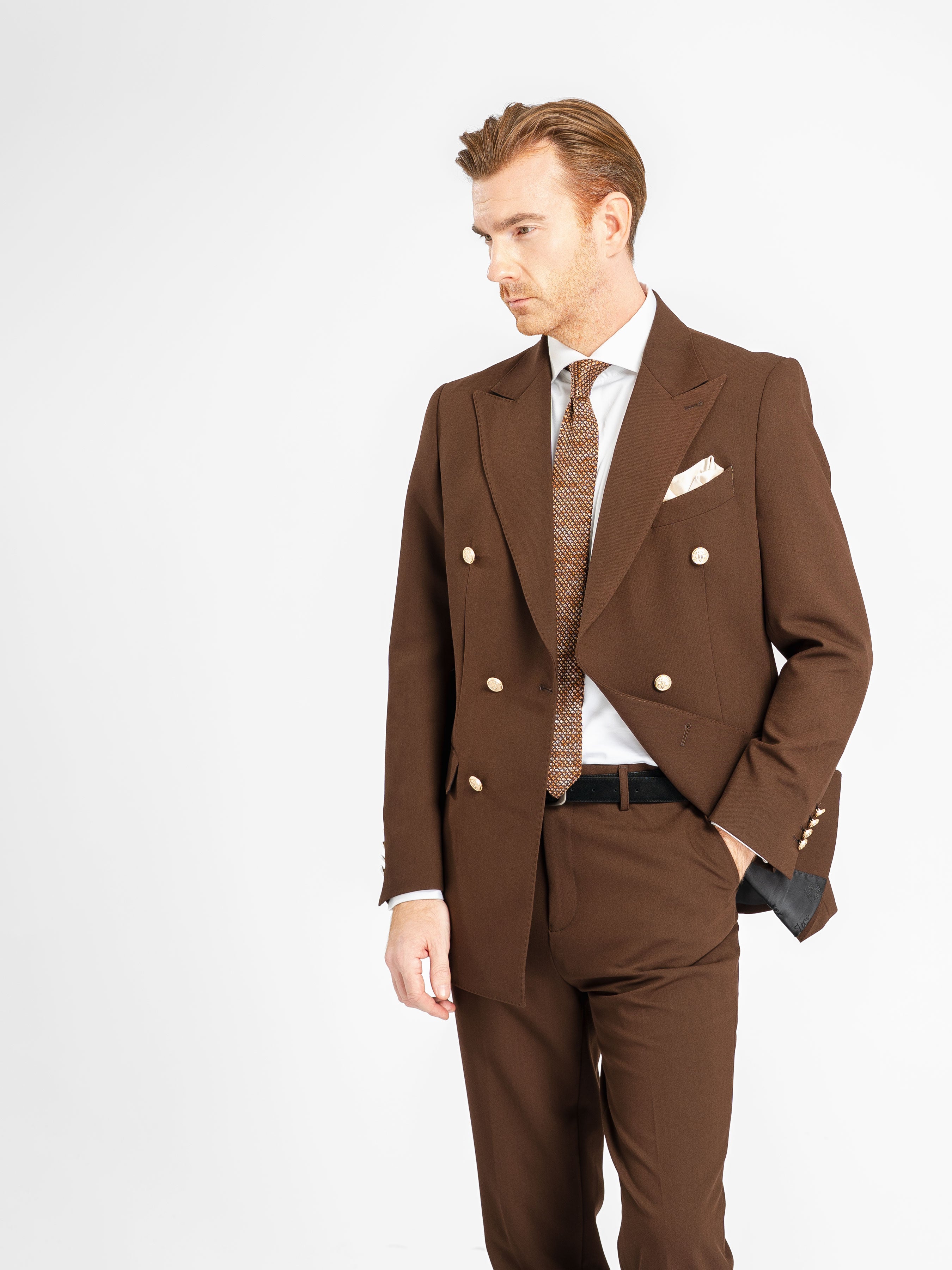 Double Breasted Suit Blazer – Dark Brown Gold Button Accent (Peak Lapel)