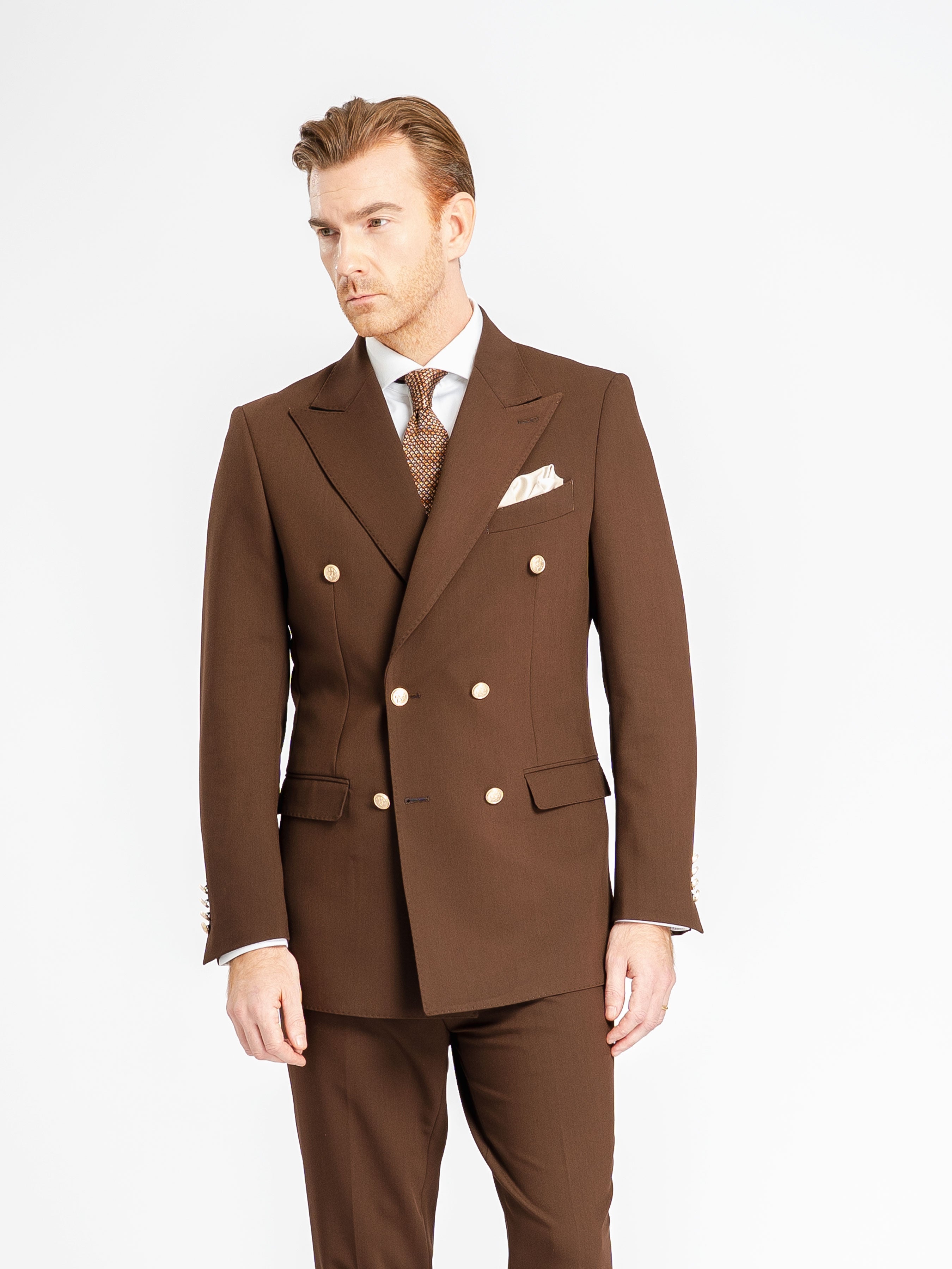 Double Breasted Suit Blazer – Dark Brown Gold Button Accent (Peak Lapel)