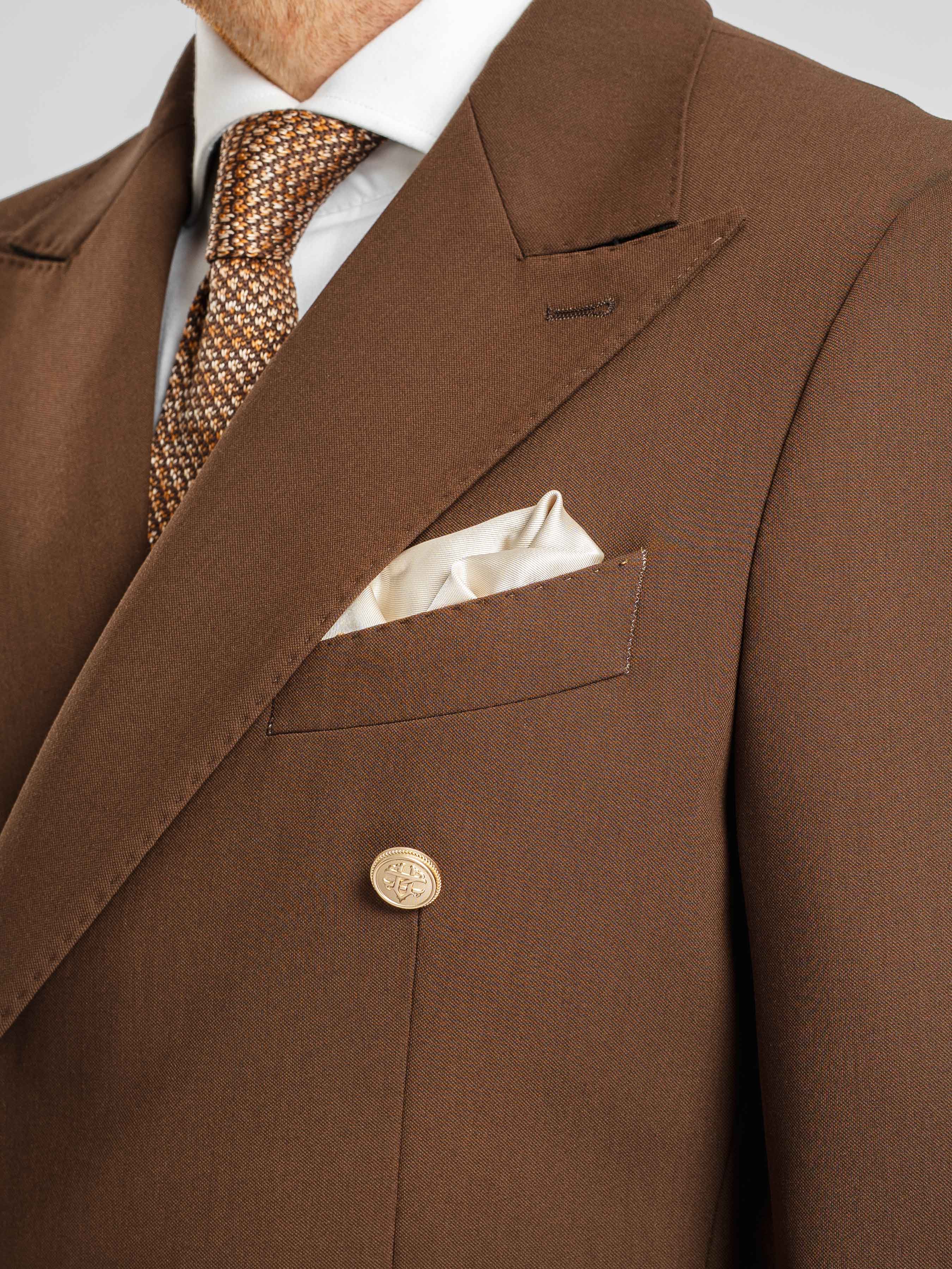 Double Breasted Suit Blazer – Dark Brown Gold Button Accent (Peak Lapel)