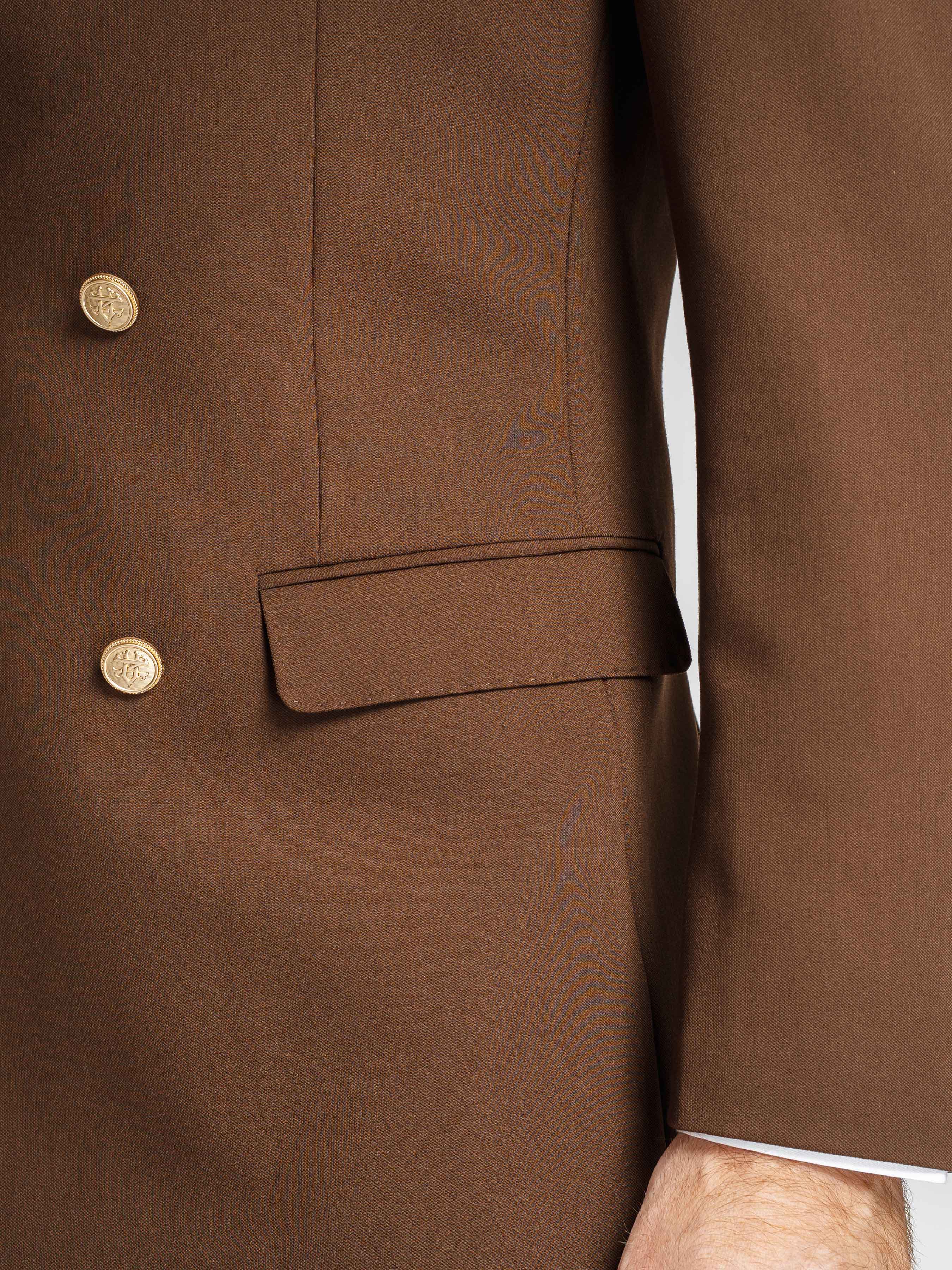 Double Breasted Suit Blazer – Dark Brown Gold Button Accent (Peak Lapel)