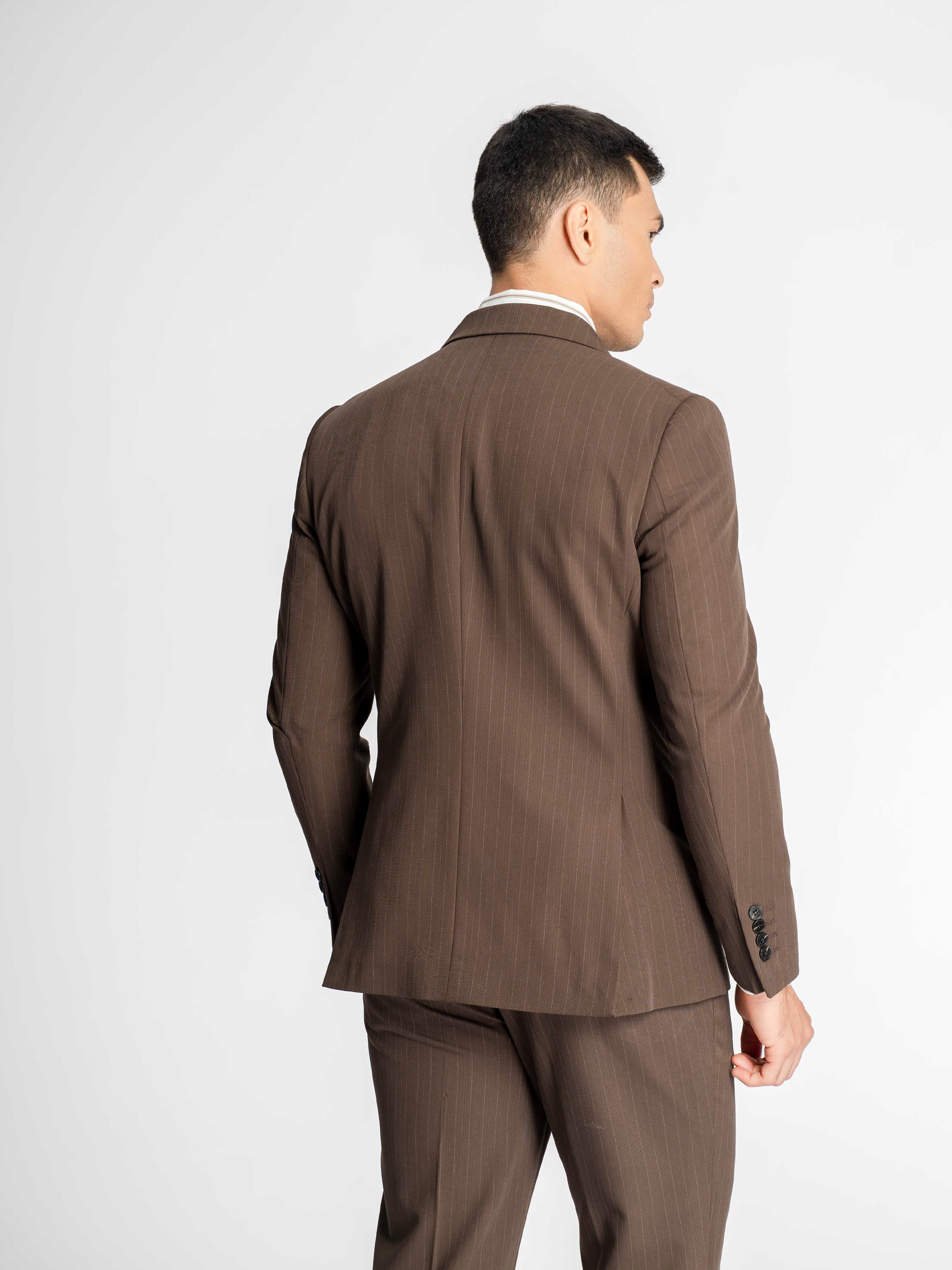 Double Breasted Suit Blazer – Dark Brown Pinstripe (Peak Lapel)