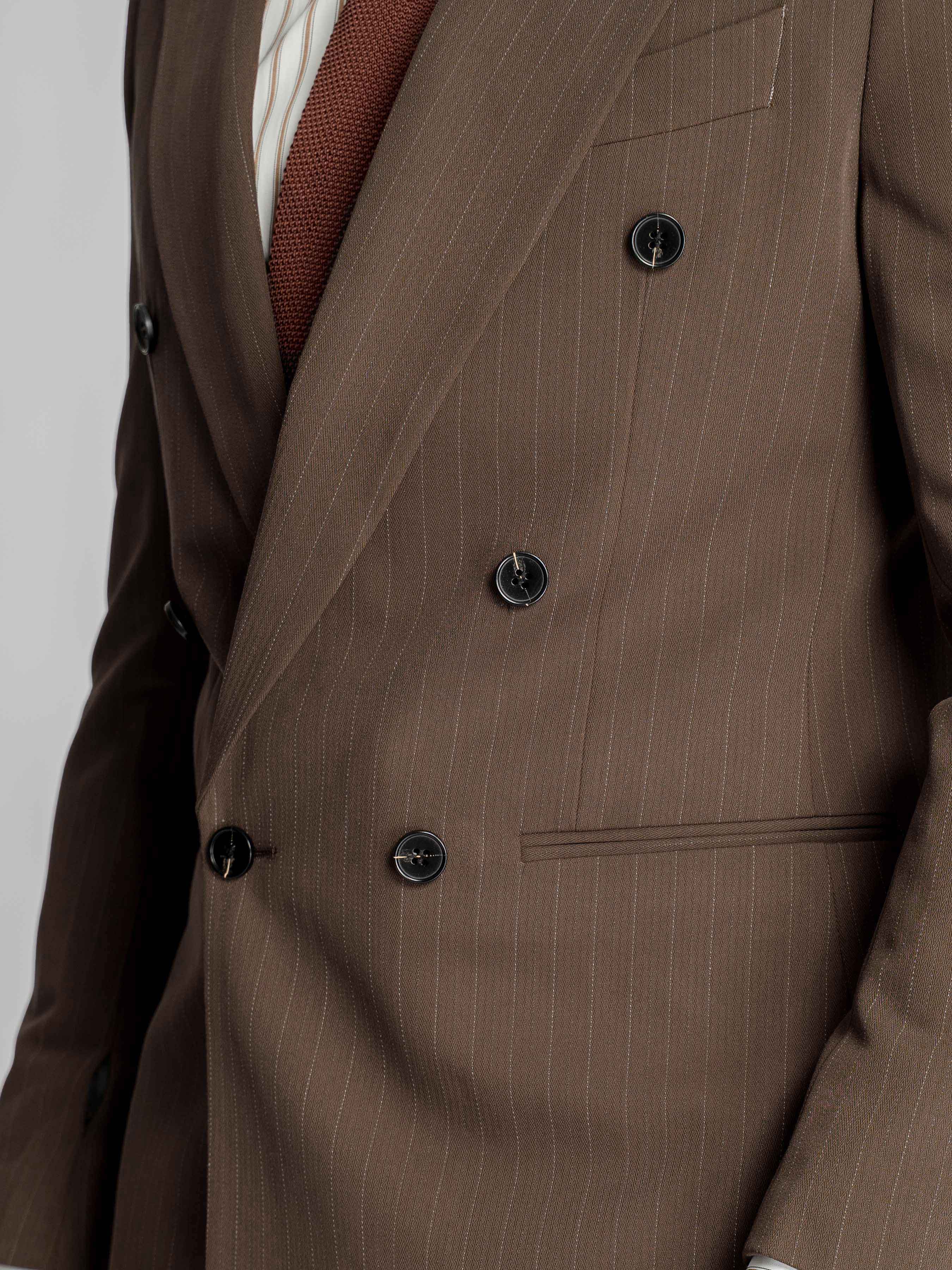 Double Breasted Suit Blazer – Dark Brown Pinstripe (Peak Lapel)