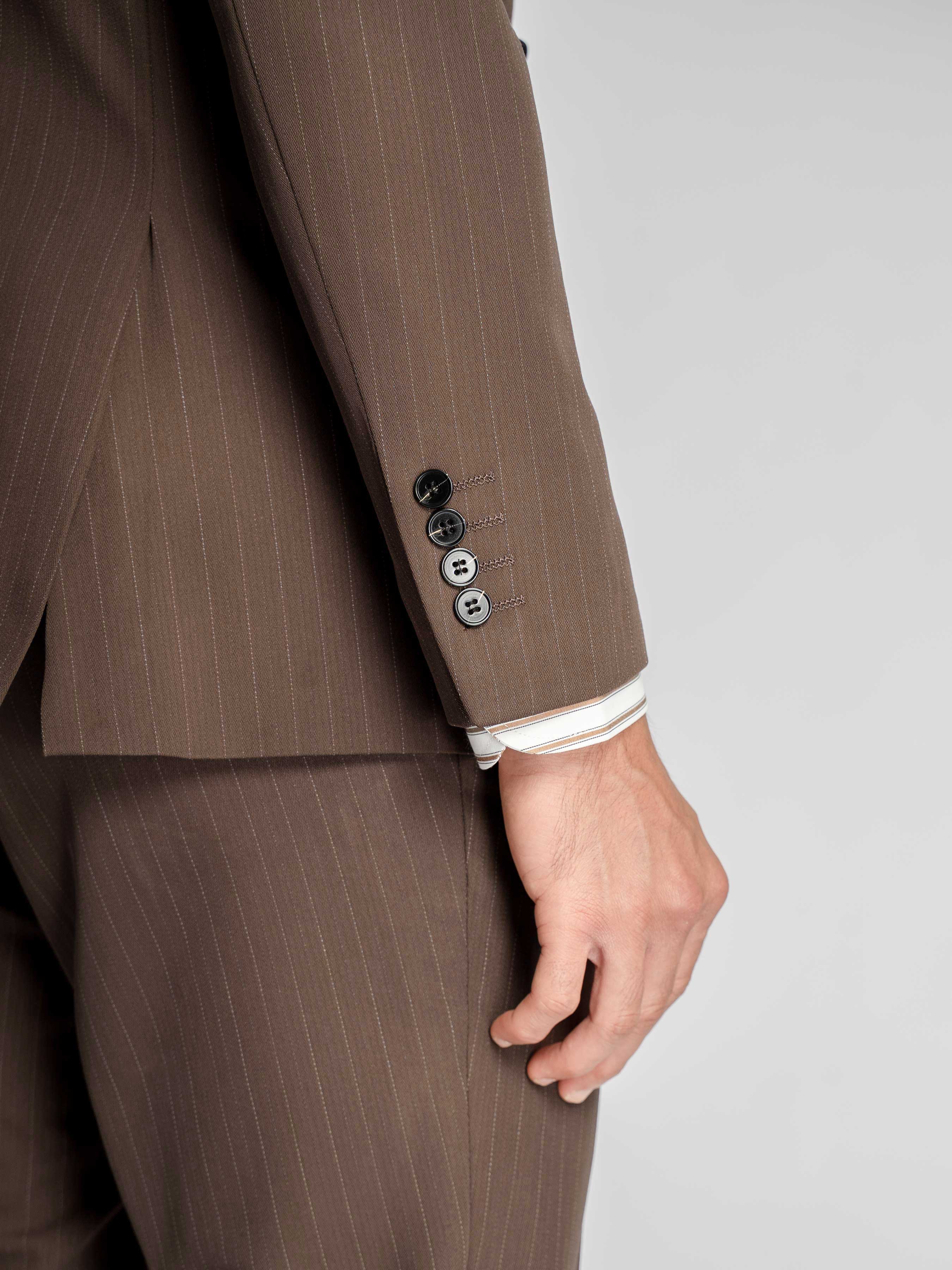 Double Breasted Suit Blazer – Dark Brown Pinstripe (Peak Lapel)