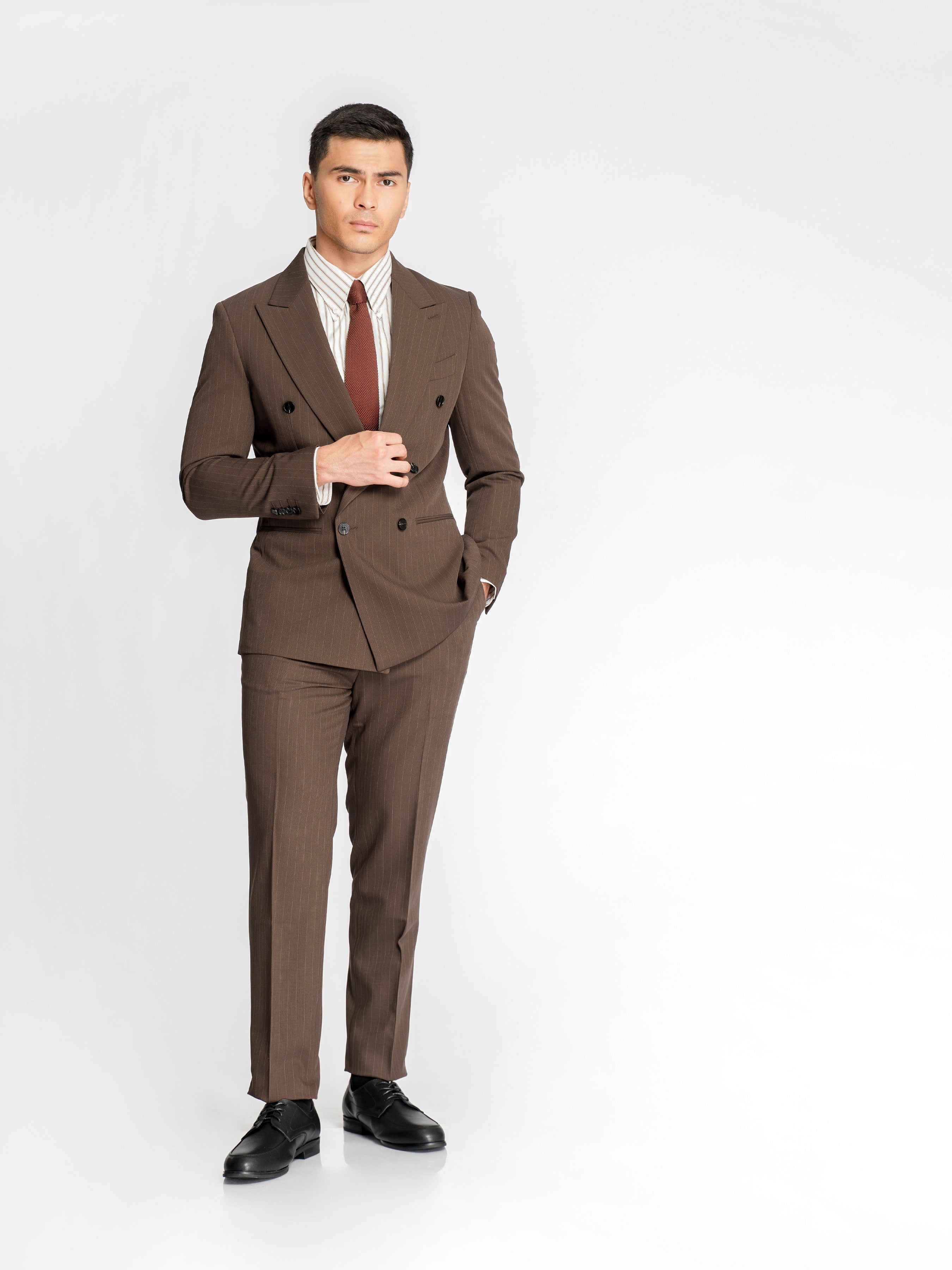 Double Breasted Suit Blazer – Dark Brown Pinstripe (Peak Lapel)