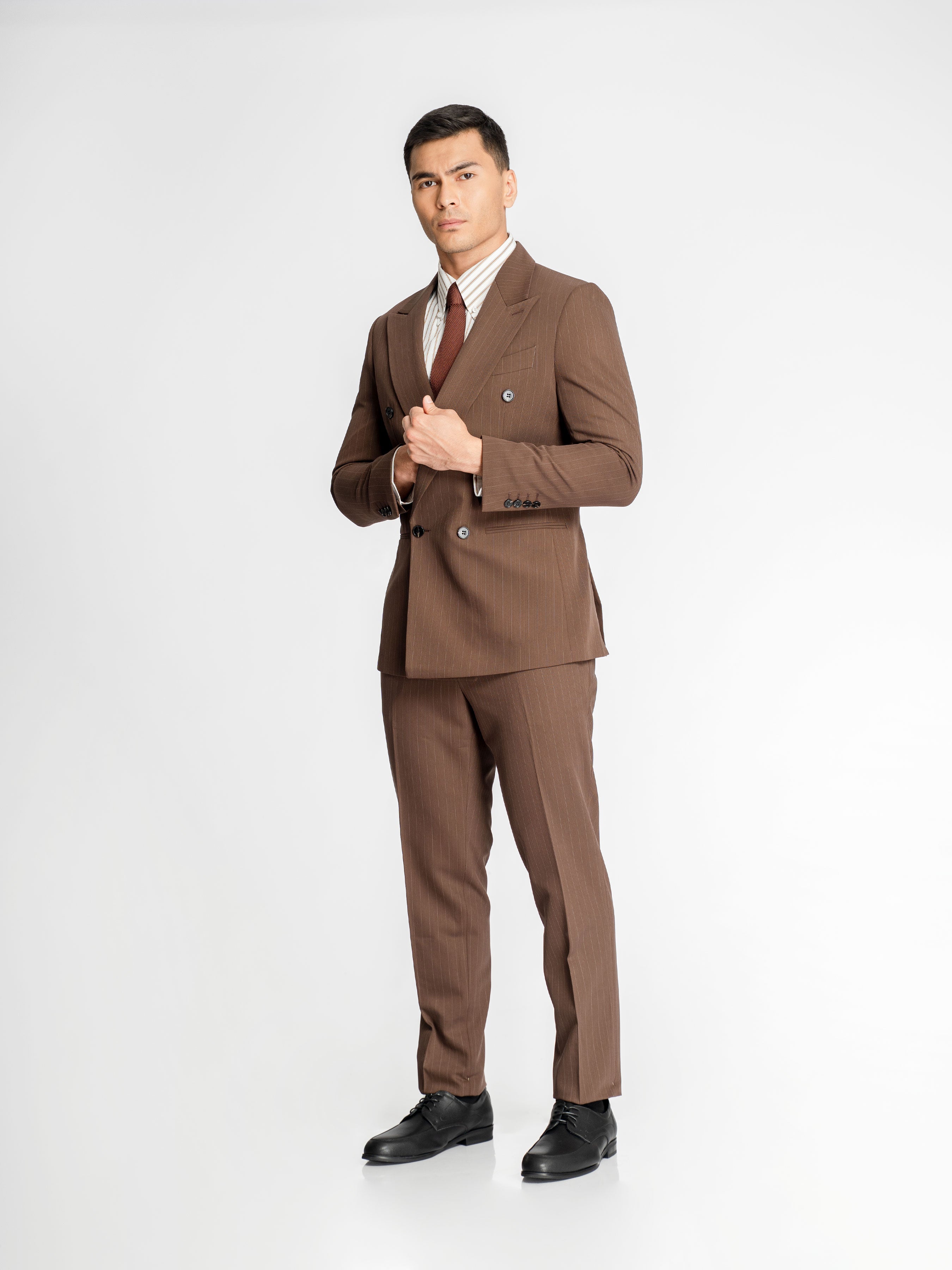 Double Breasted Suit Blazer – Dark Brown Pinstripe (Peak Lapel)