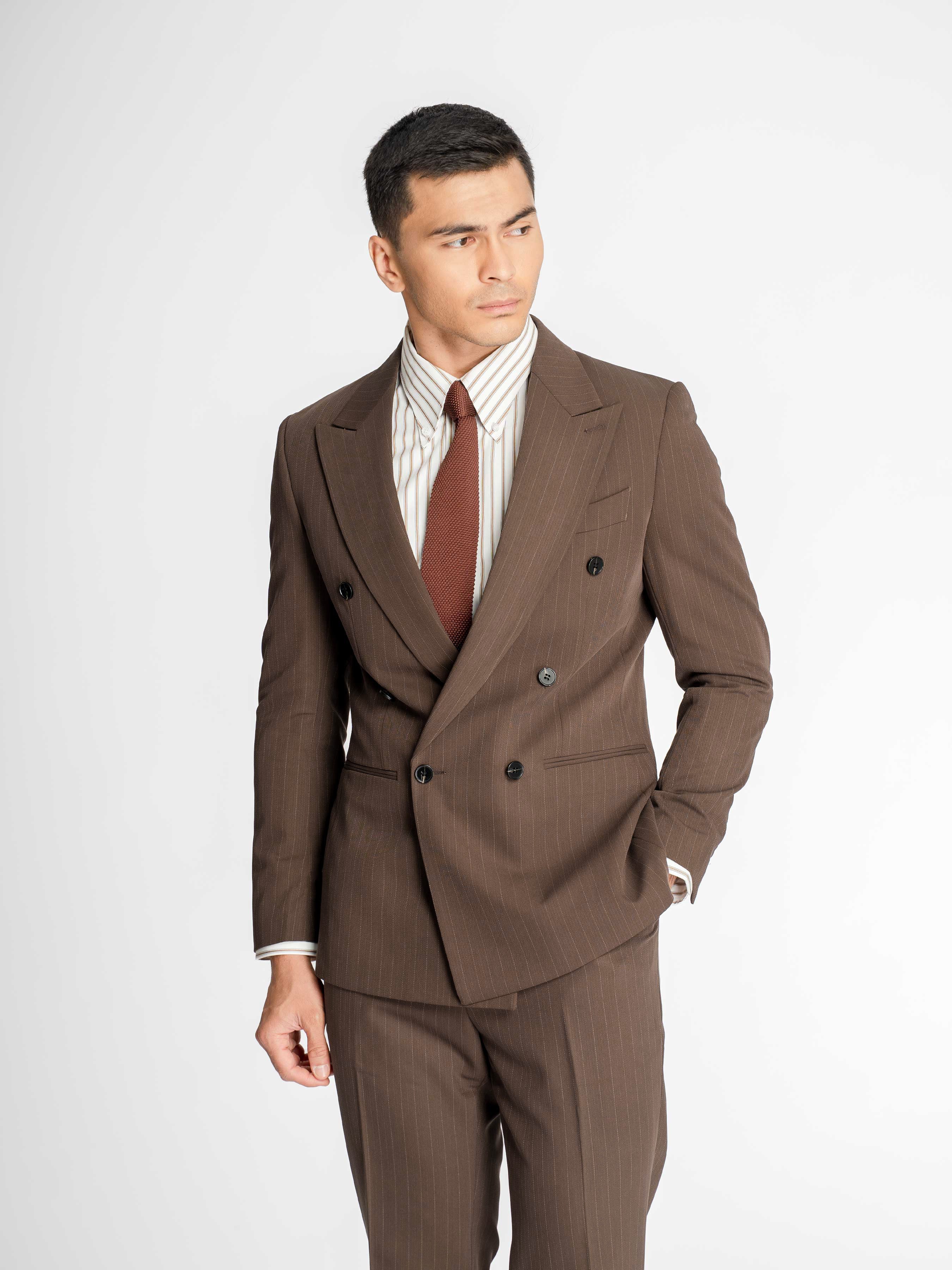 Double Breasted Suit Blazer – Dark Brown Pinstripe (Peak Lapel)