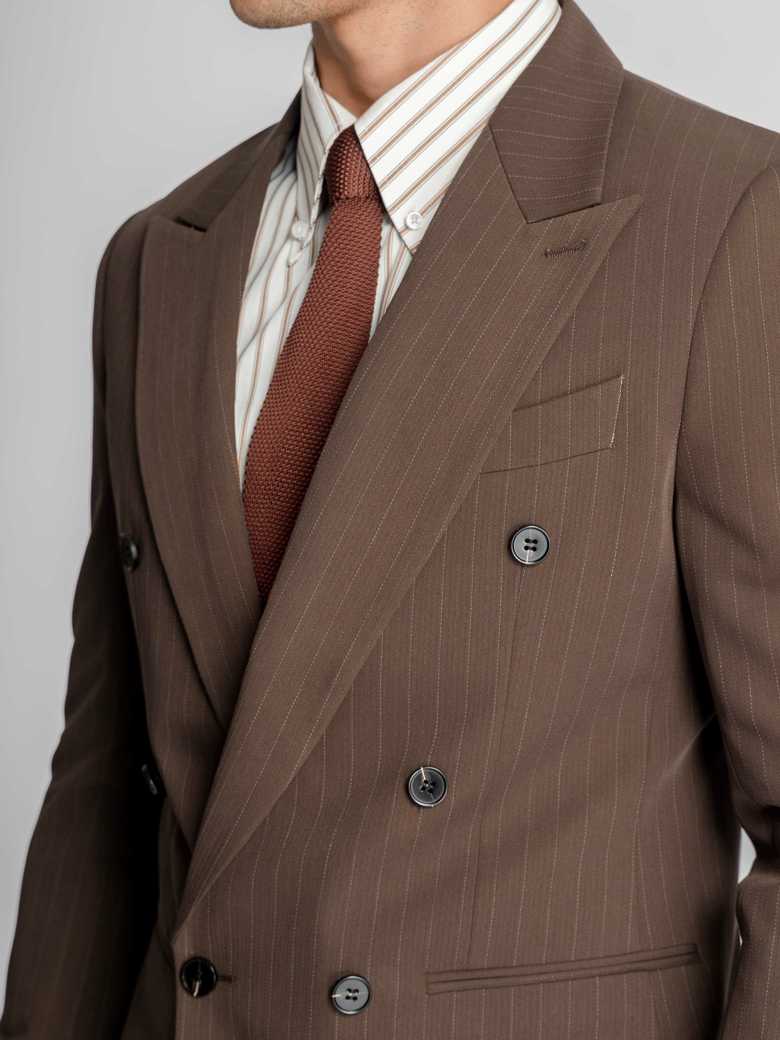 Double Breasted Suit Blazer – Dark Brown Pinstripe (Peak Lapel)