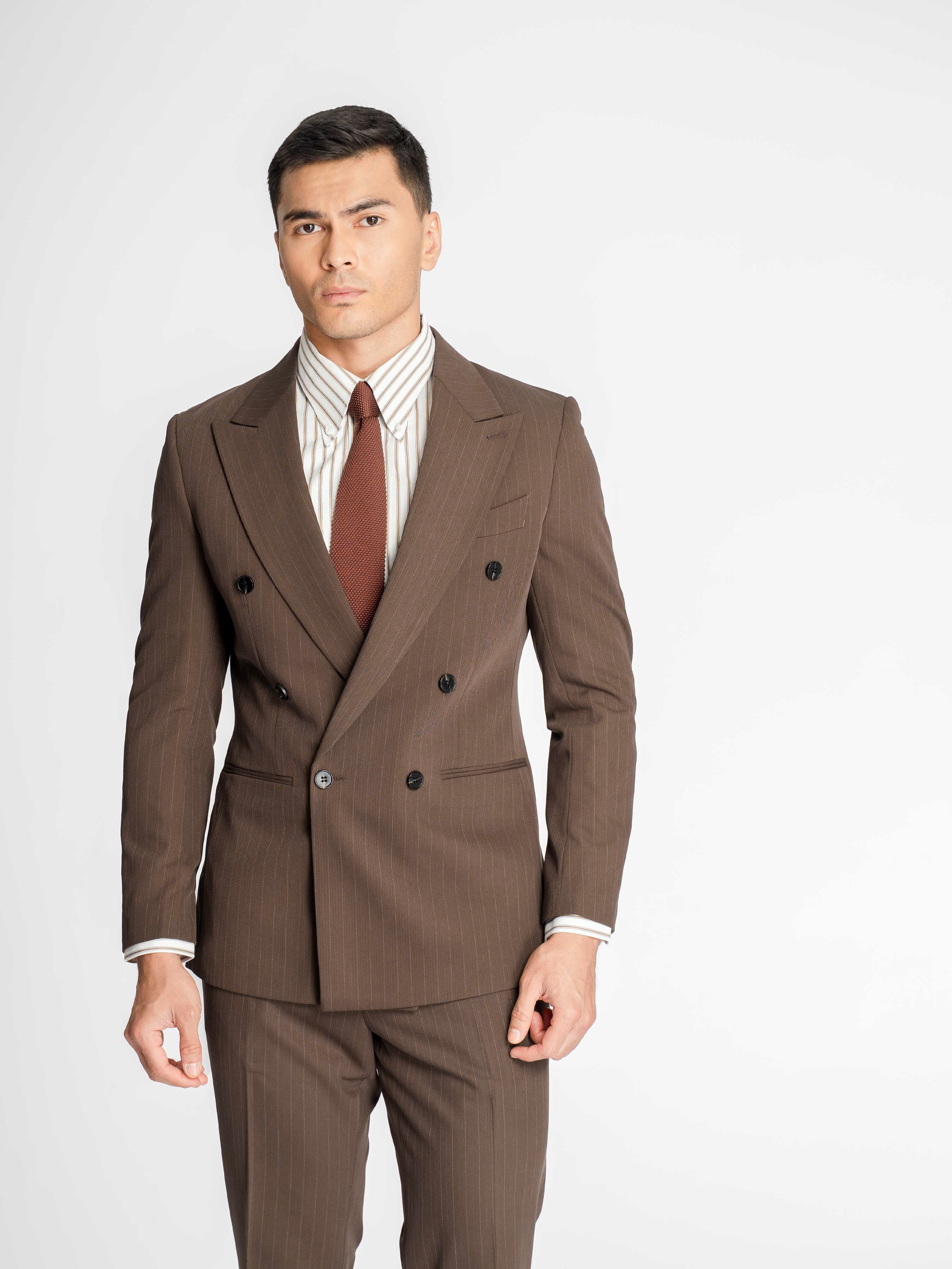 Double Breasted Suit Blazer – Dark Brown Pinstripe (Peak Lapel)