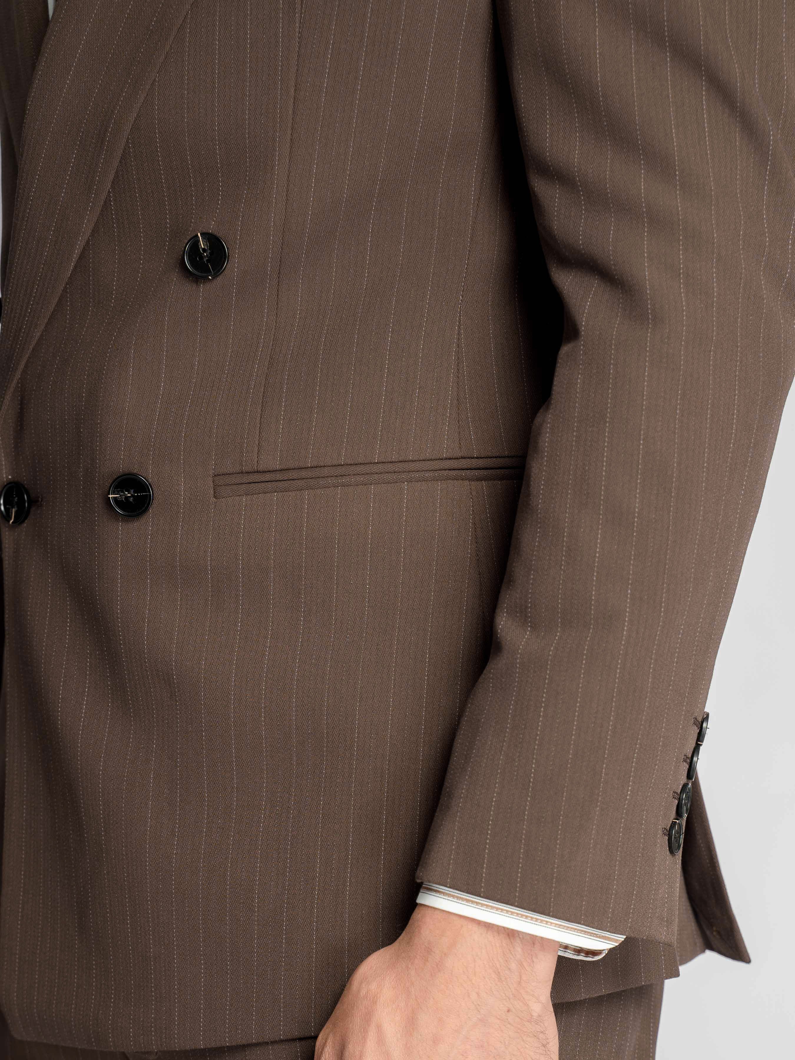 Double Breasted Suit Blazer – Dark Brown Pinstripe (Peak Lapel)