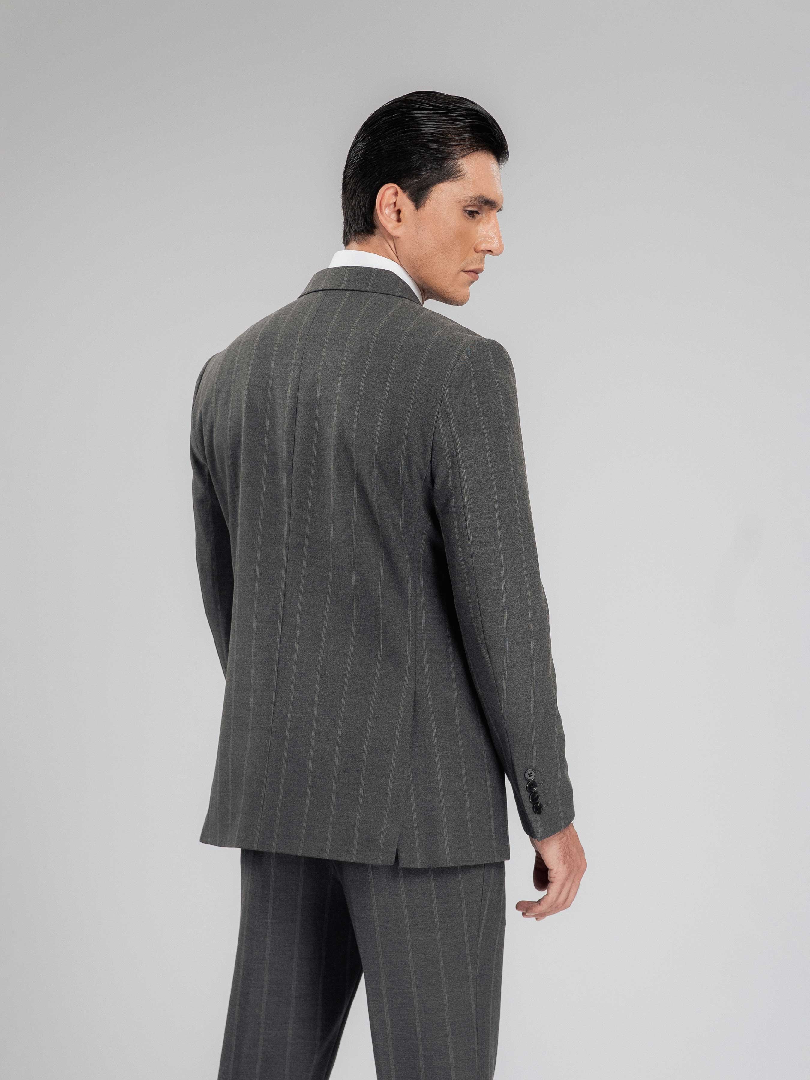 Double Breasted Suit Blazer - Dark Grey Wide Stripe (Peak Lapel)