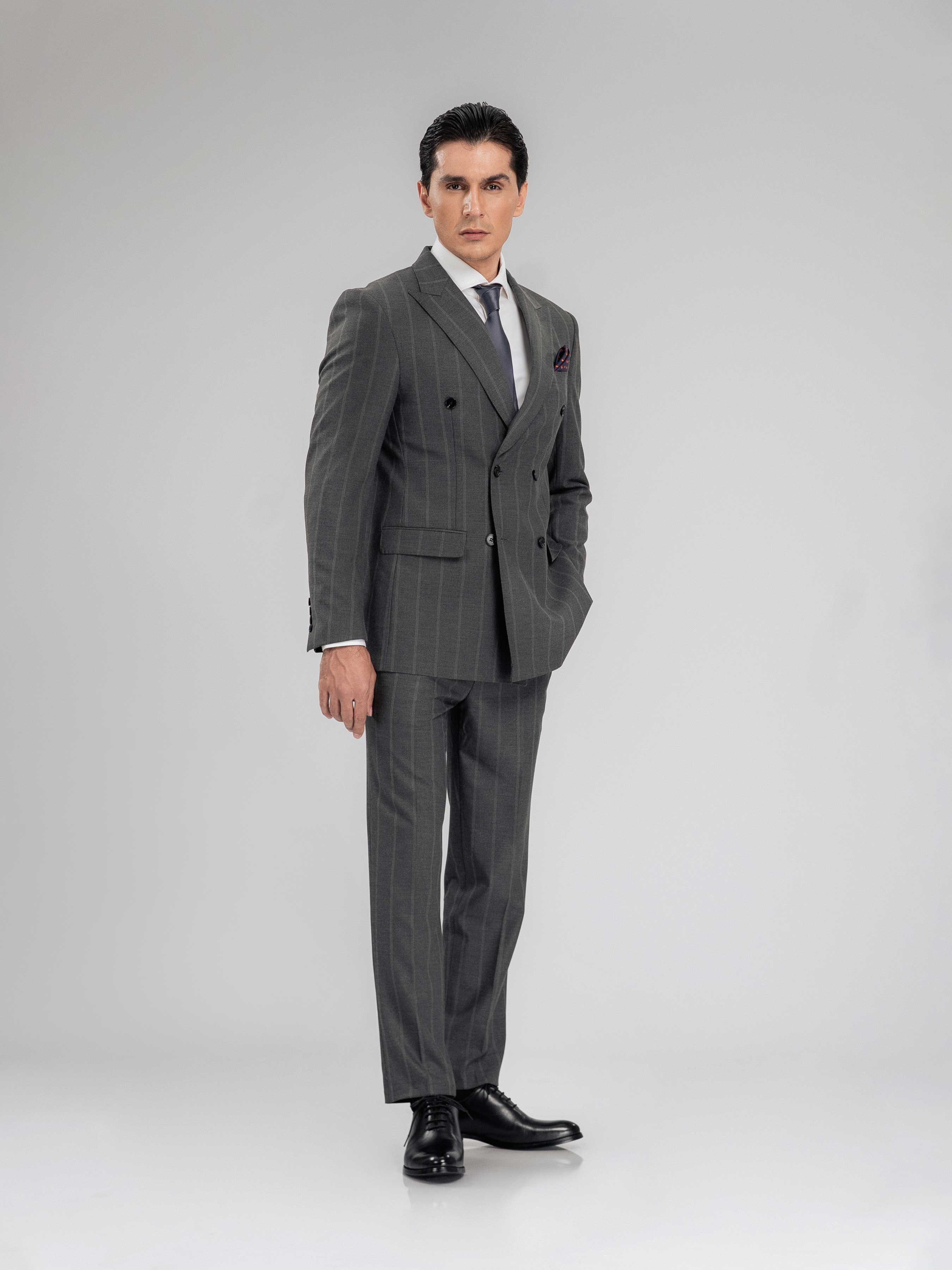 Double Breasted Suit Blazer - Dark Grey Wide Stripe (Peak Lapel)
