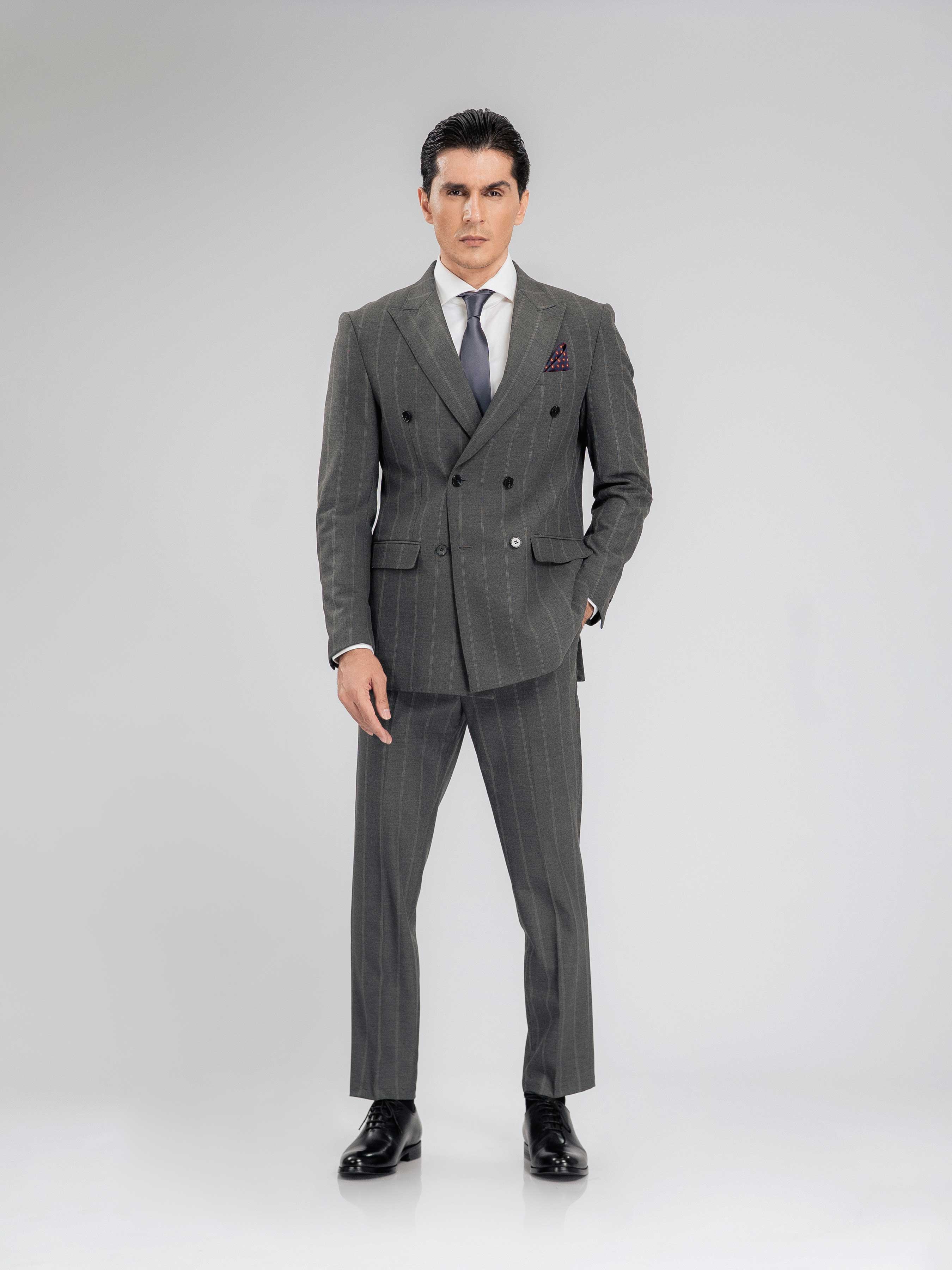 Double Breasted Suit Blazer - Dark Grey Wide Stripe (Peak Lapel)