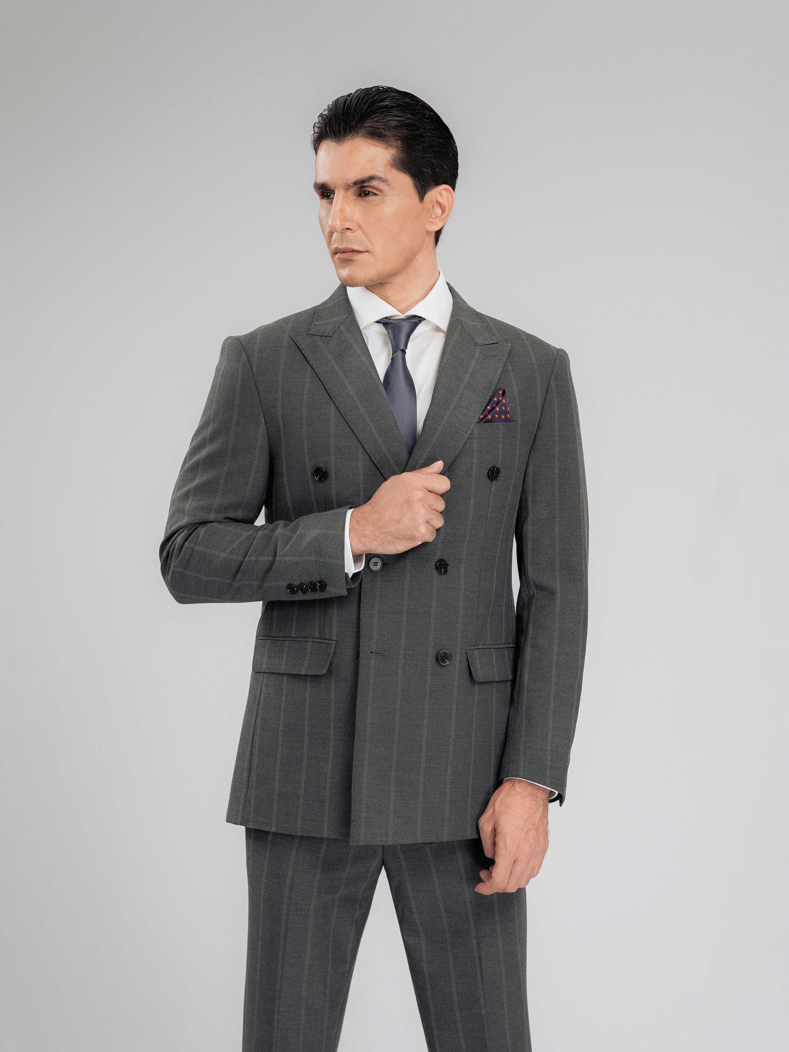 Double Breasted Suit Blazer - Dark Grey Wide Stripe (Peak Lapel)
