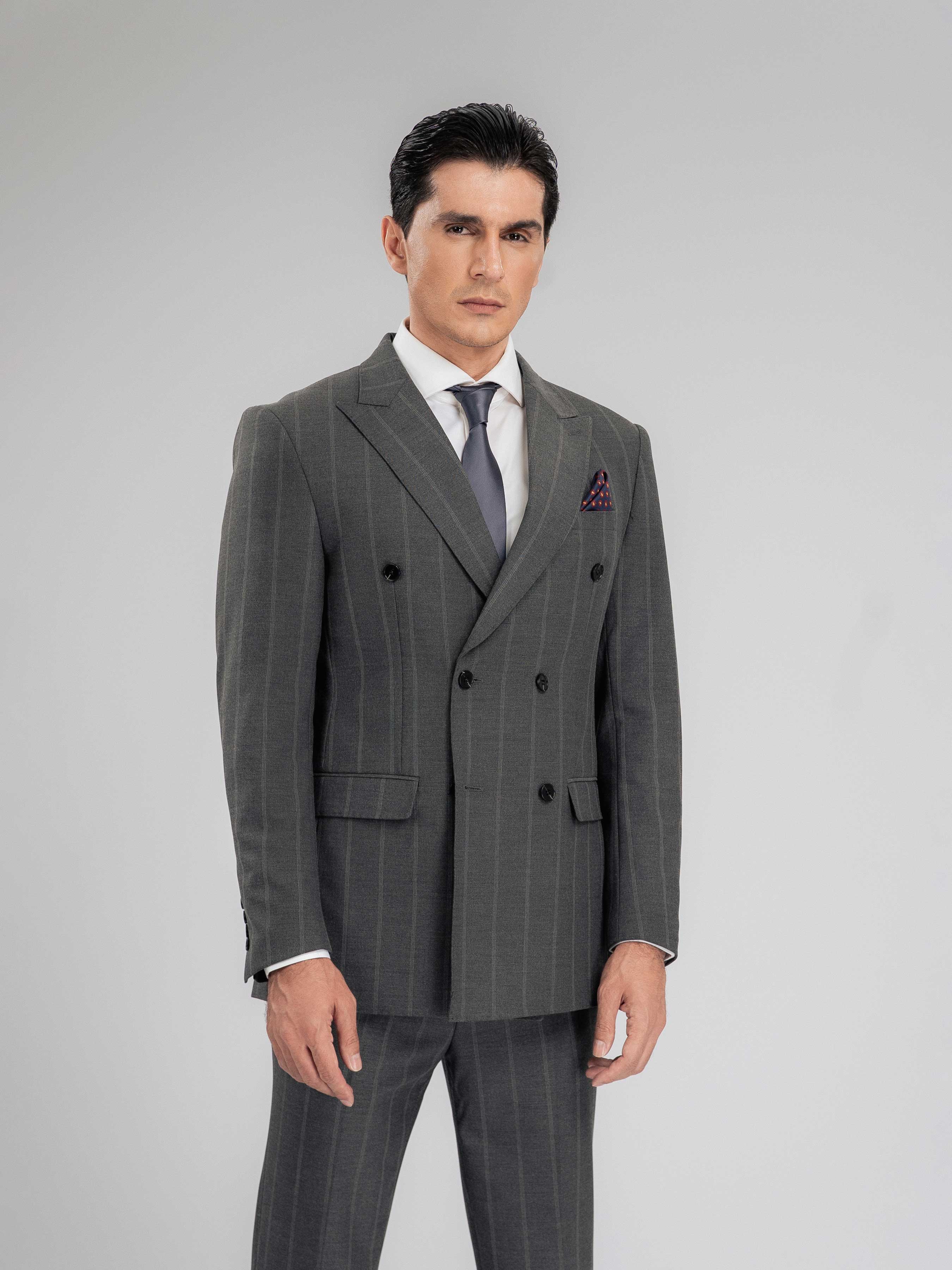 DoubleBreastedSuitBlazerDarkGreyWideStripesPeakLapelMain - Zeve