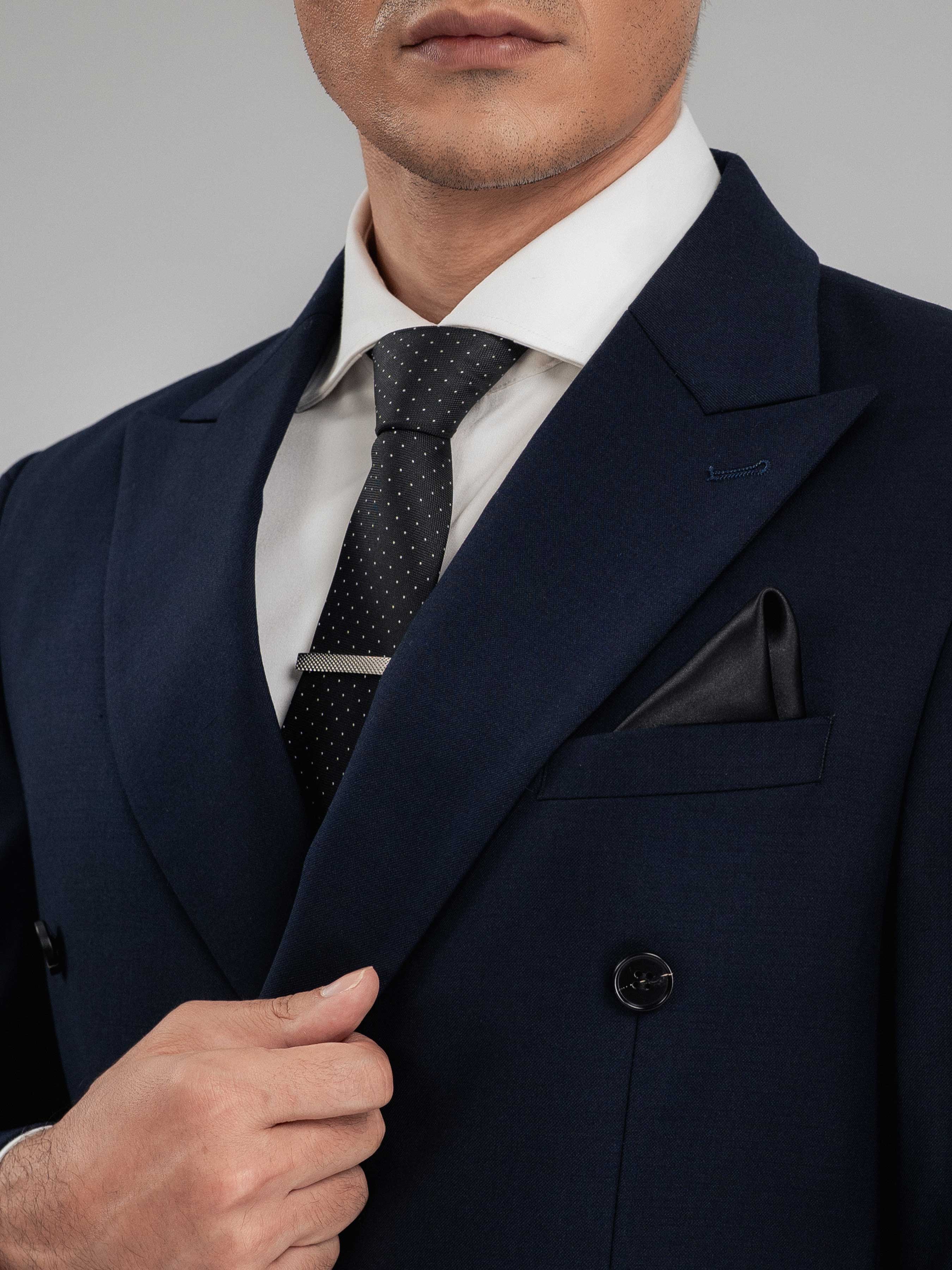 DoubleBreastedSuitBlazerDeepBluePlainPeakLapelCollar - Zeve