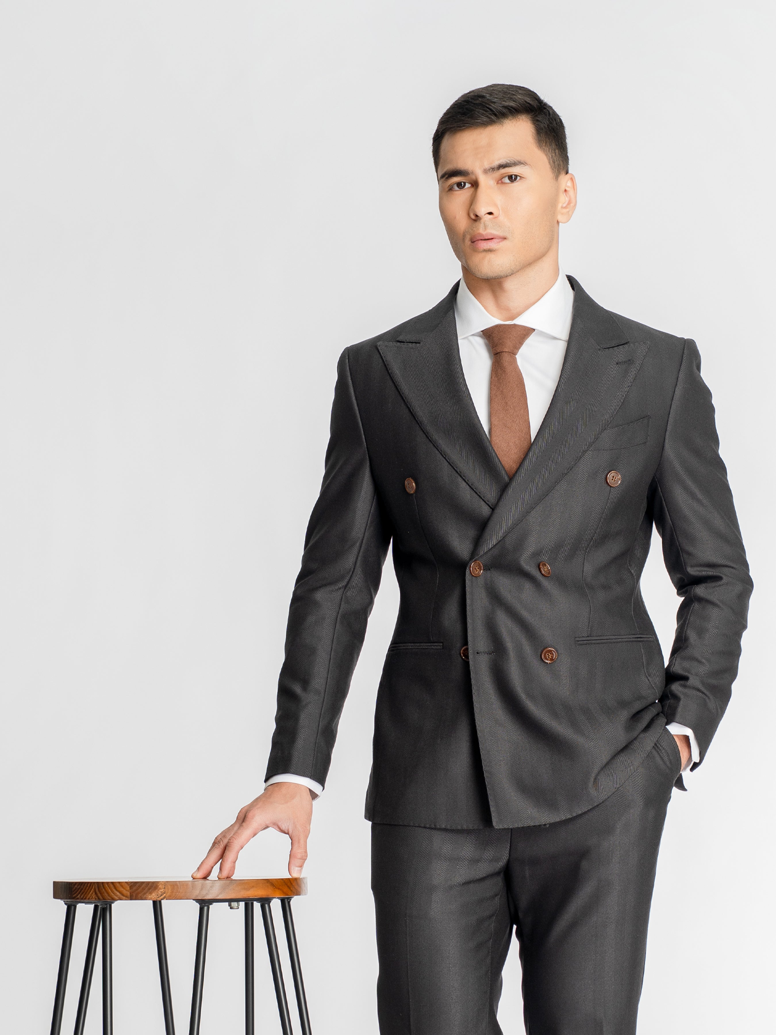 Double Breasted Suit Blazer – Grey Charcoal Shadow Stripe (Peak Lapel)