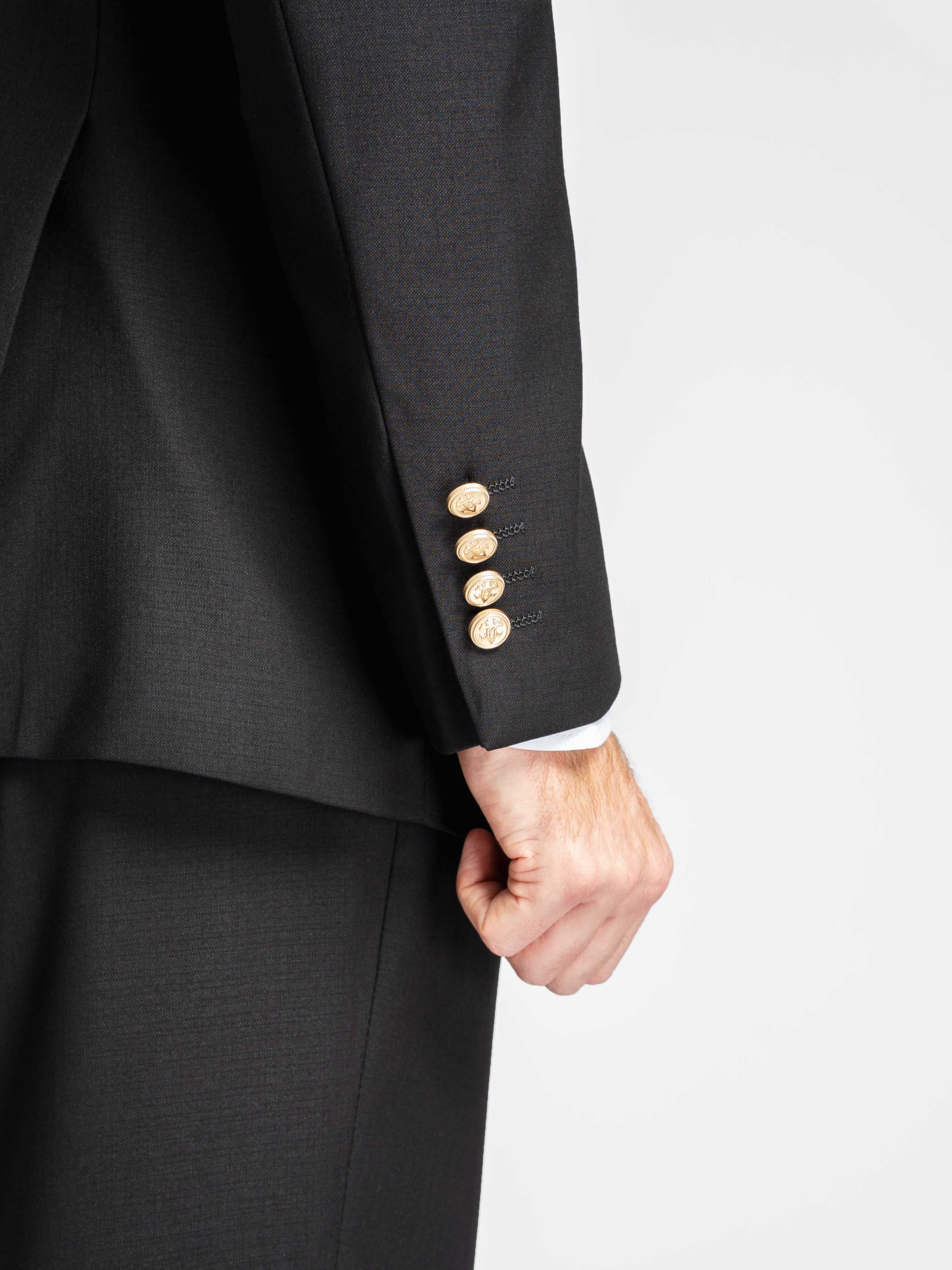 Double Breasted Suit Blazer – Jet Black Gold Button Accent (Peak Lapel)