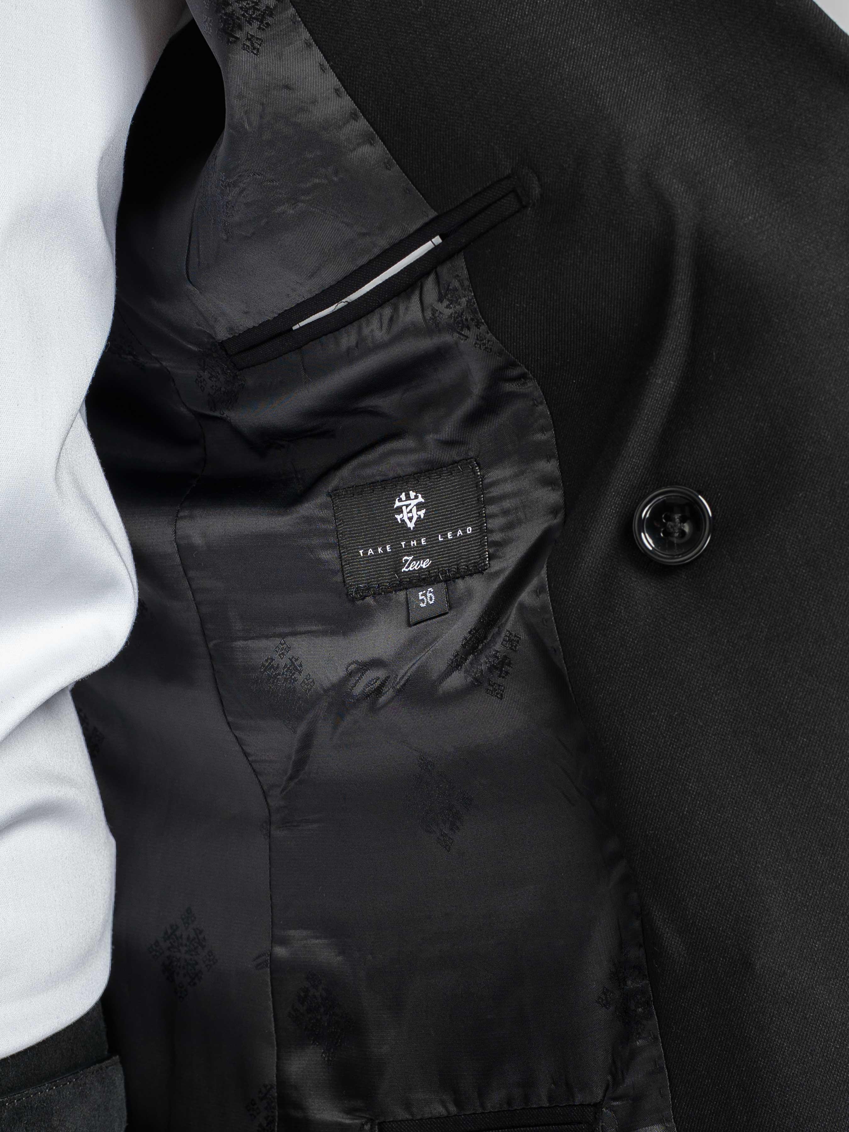 Double Breasted Suit Blazer – Jet Black Gold Button Accent (Peak Lapel)