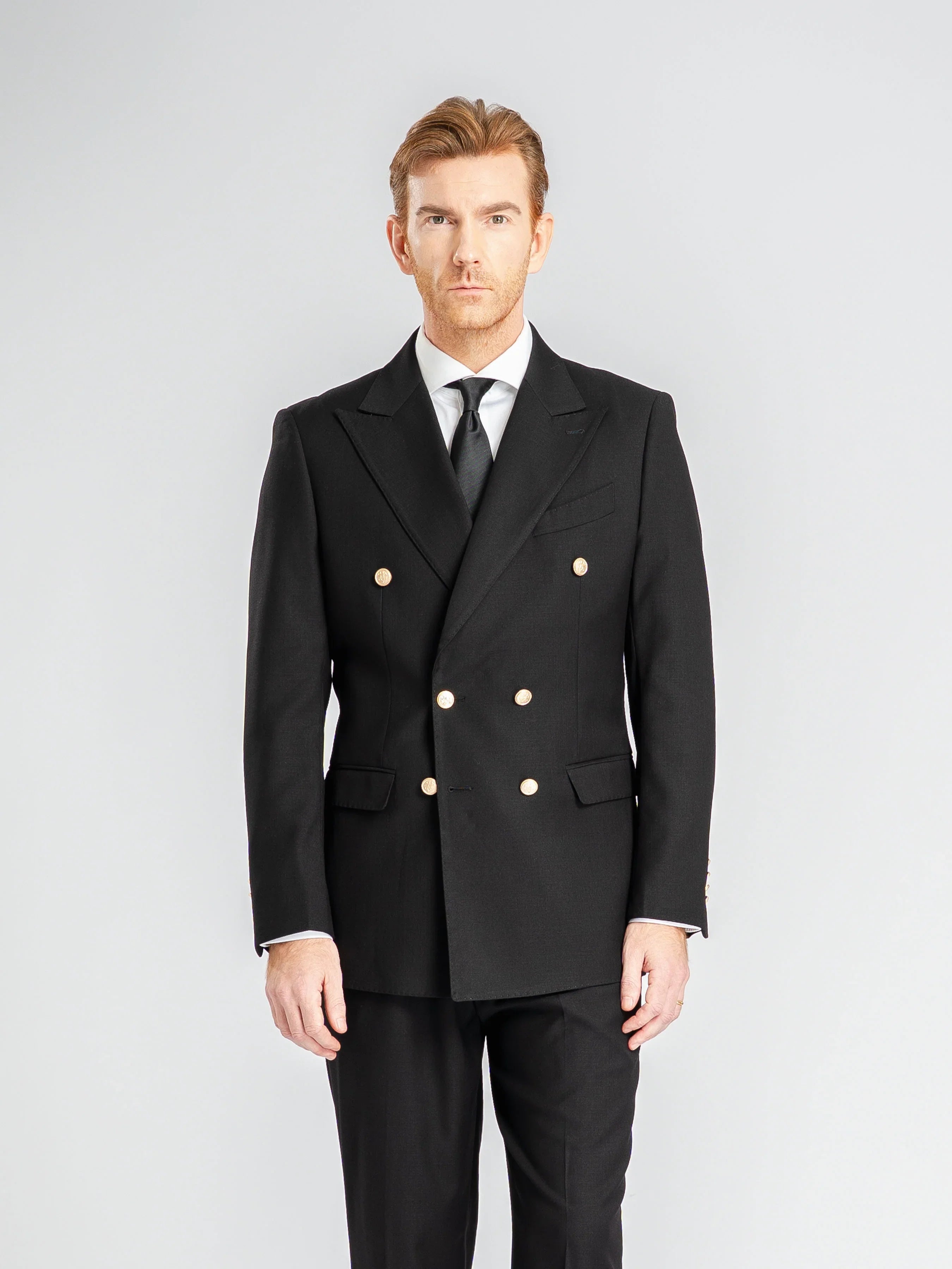 Double Breasted Suit Blazer – Jet Black Gold Button Accent (Peak Lapel)