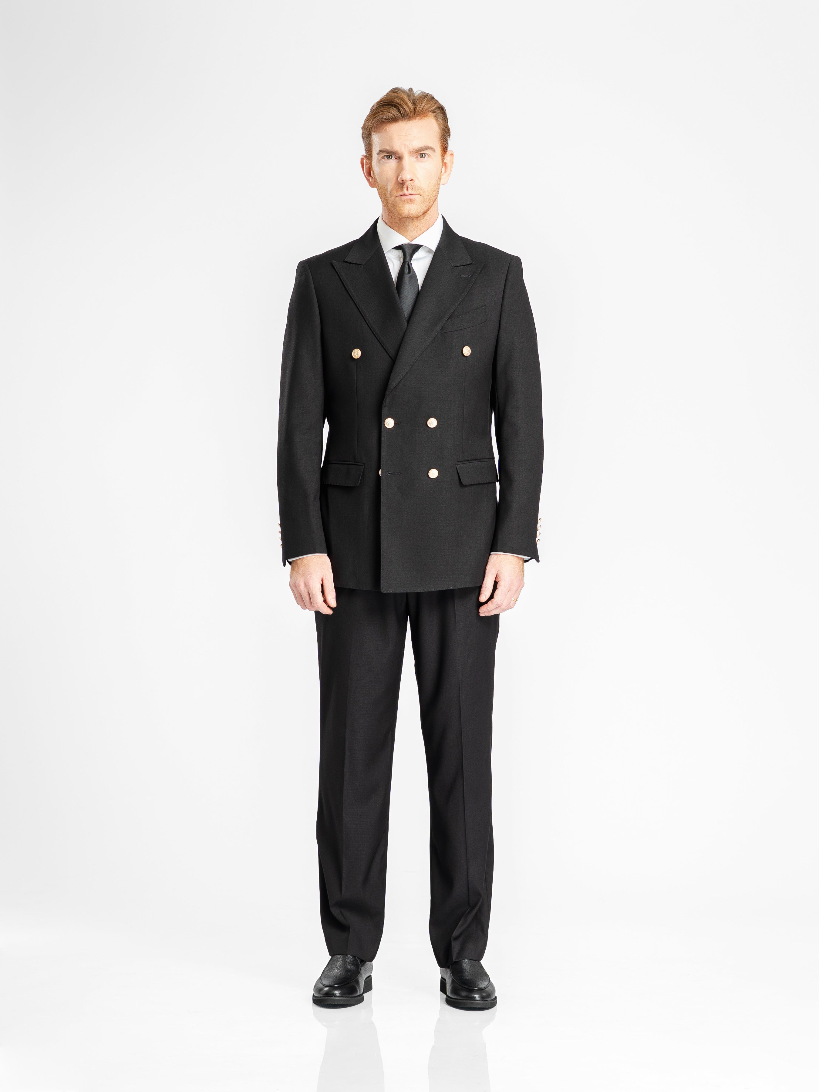 Double Breasted Suit Blazer – Jet Black Gold Button Accent (Peak Lapel)