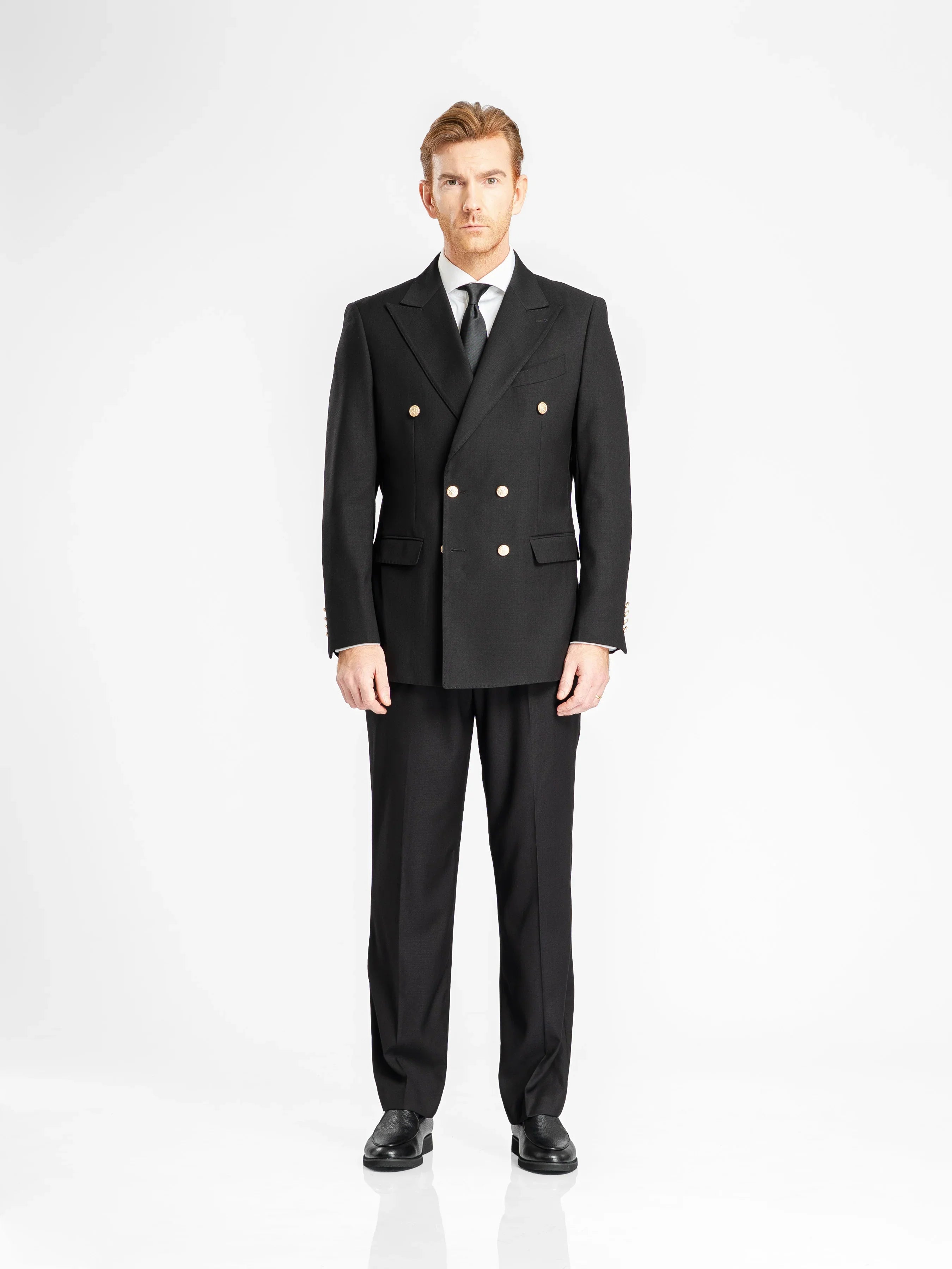 Double Breasted Suit Blazer – Jet Black Gold Button Accent (Peak Lapel)