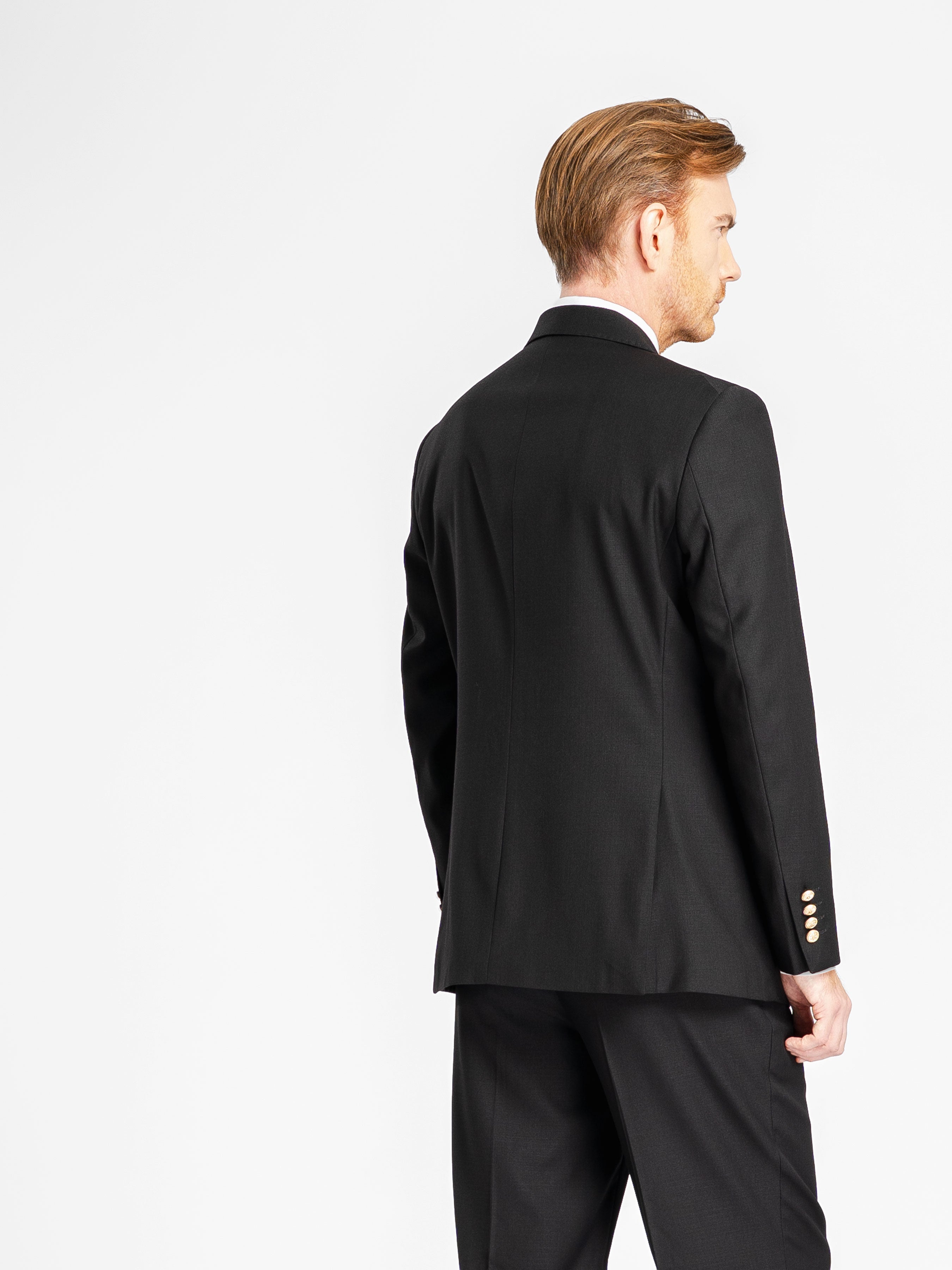 Double Breasted Suit Blazer – Jet Black Gold Button Accent (Peak Lapel)