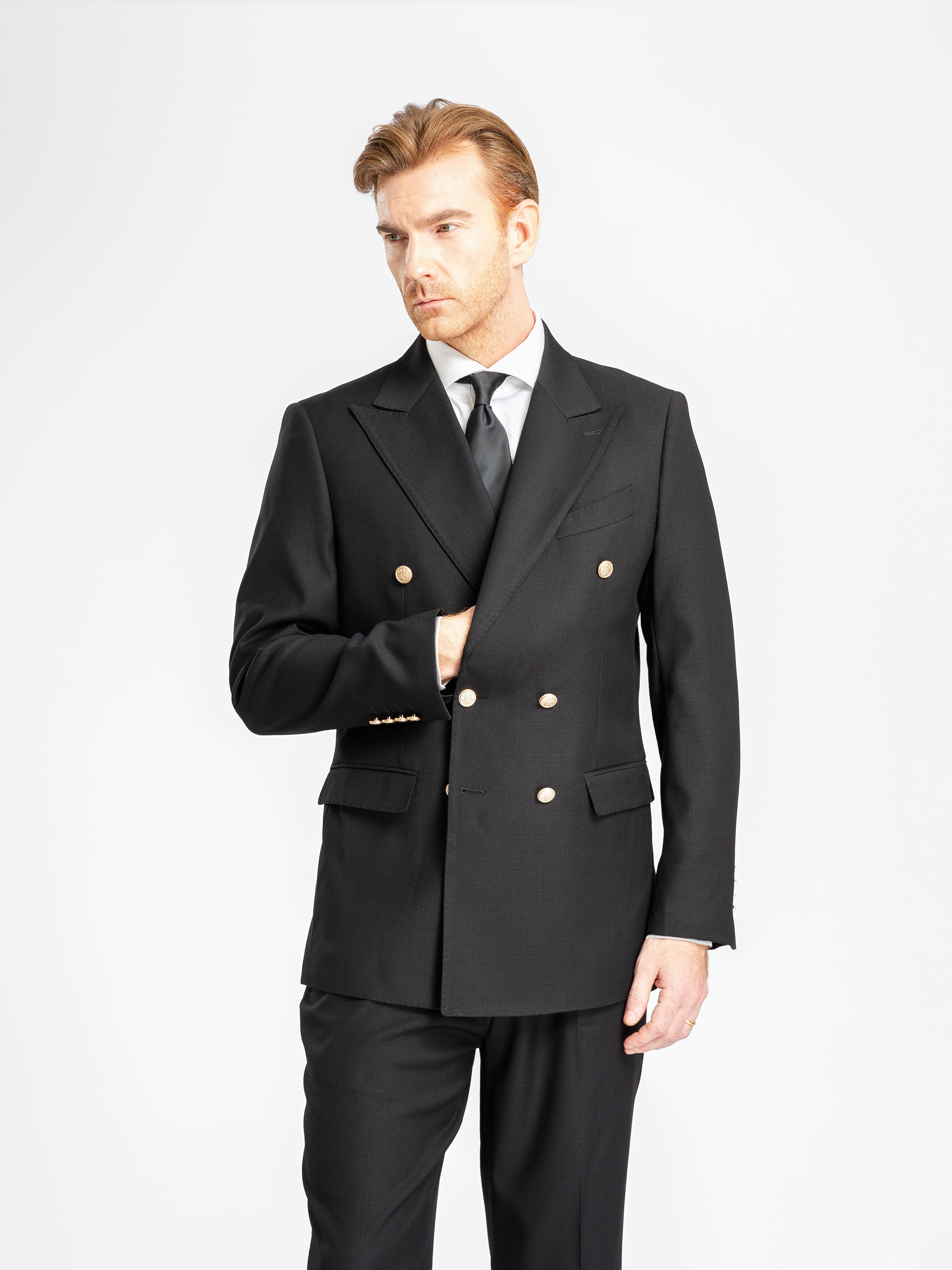 Double Breasted Suit Blazer – Jet Black Gold Button Accent (Peak Lapel)