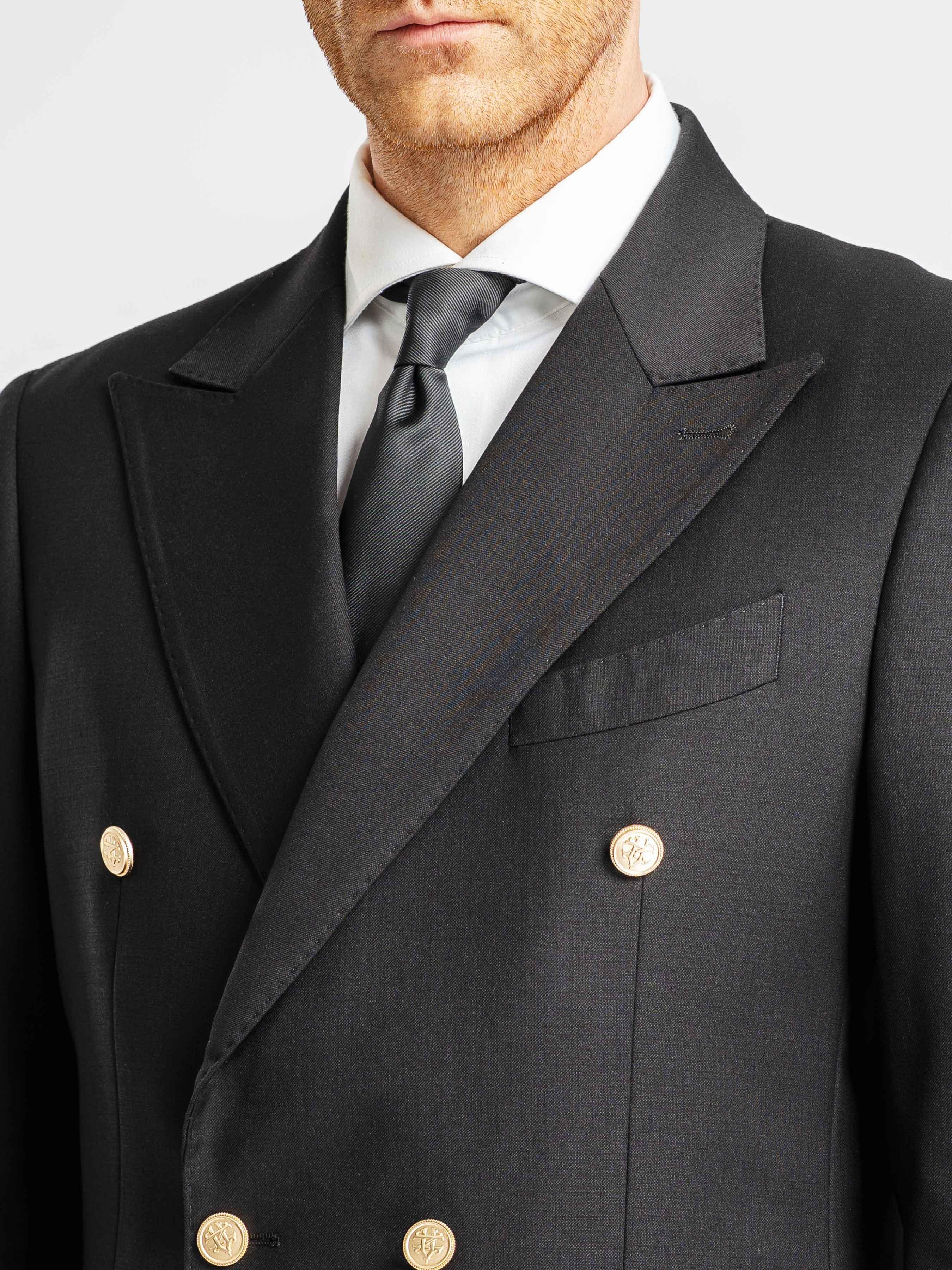Double Breasted Suit Blazer – Jet Black Gold Button Accent (Peak Lapel)