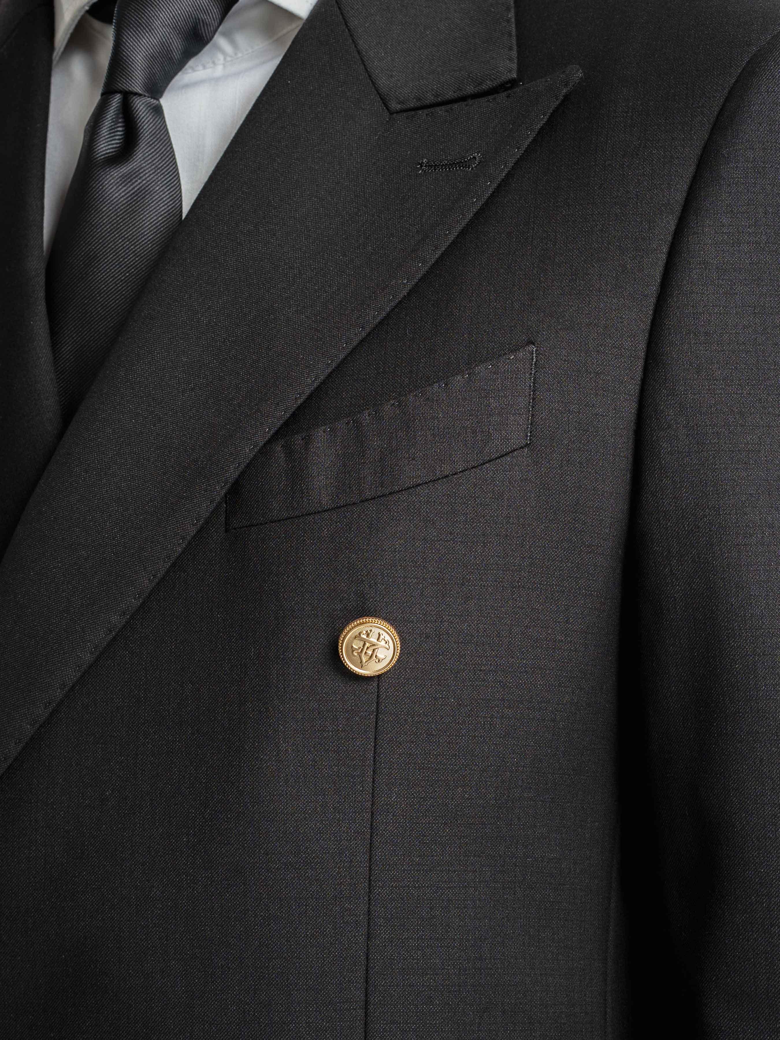 Double Breasted Suit Blazer – Jet Black Gold Button Accent (Peak Lapel)