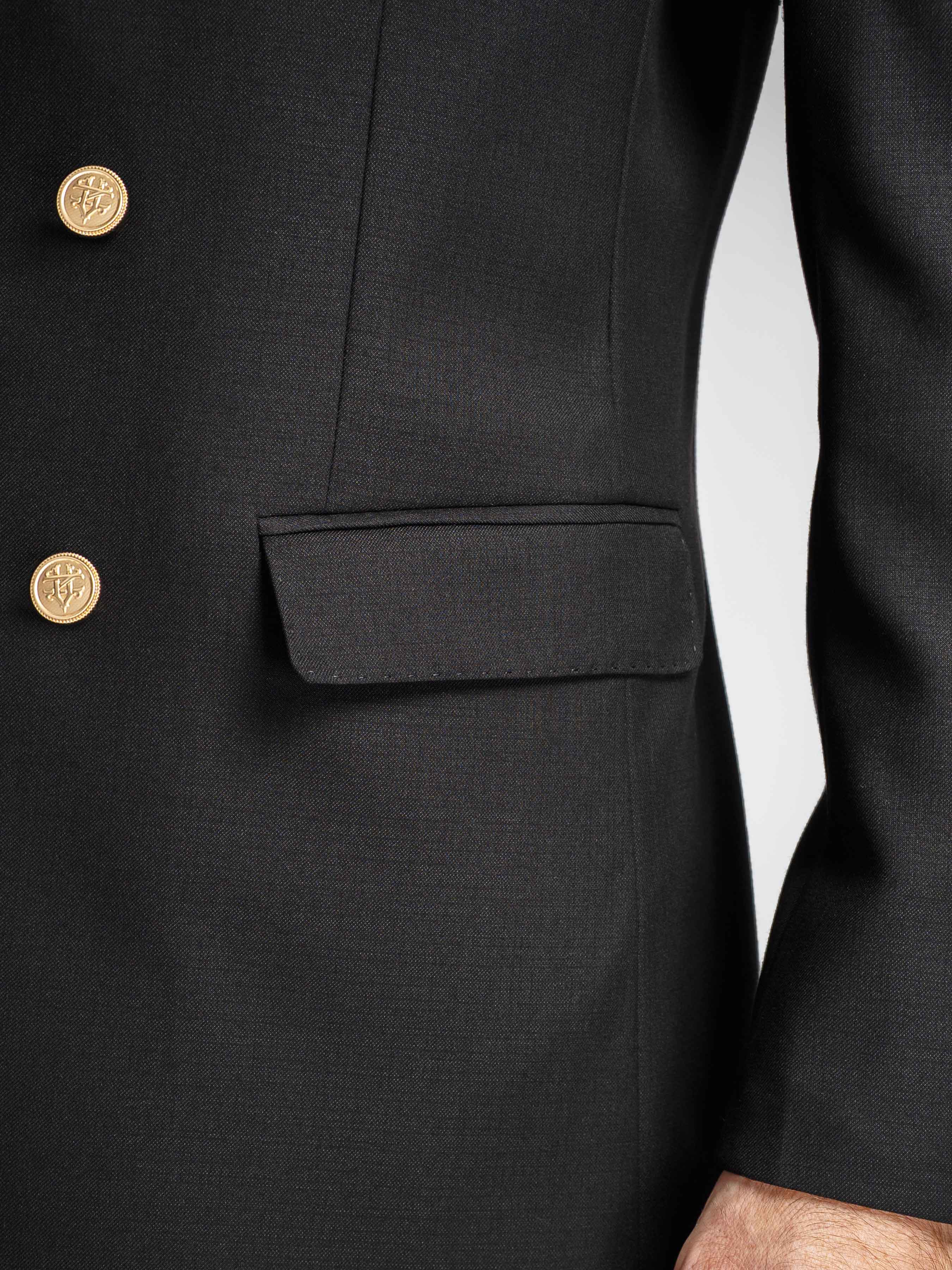 Double Breasted Suit Blazer – Jet Black Gold Button Accent (Peak Lapel)