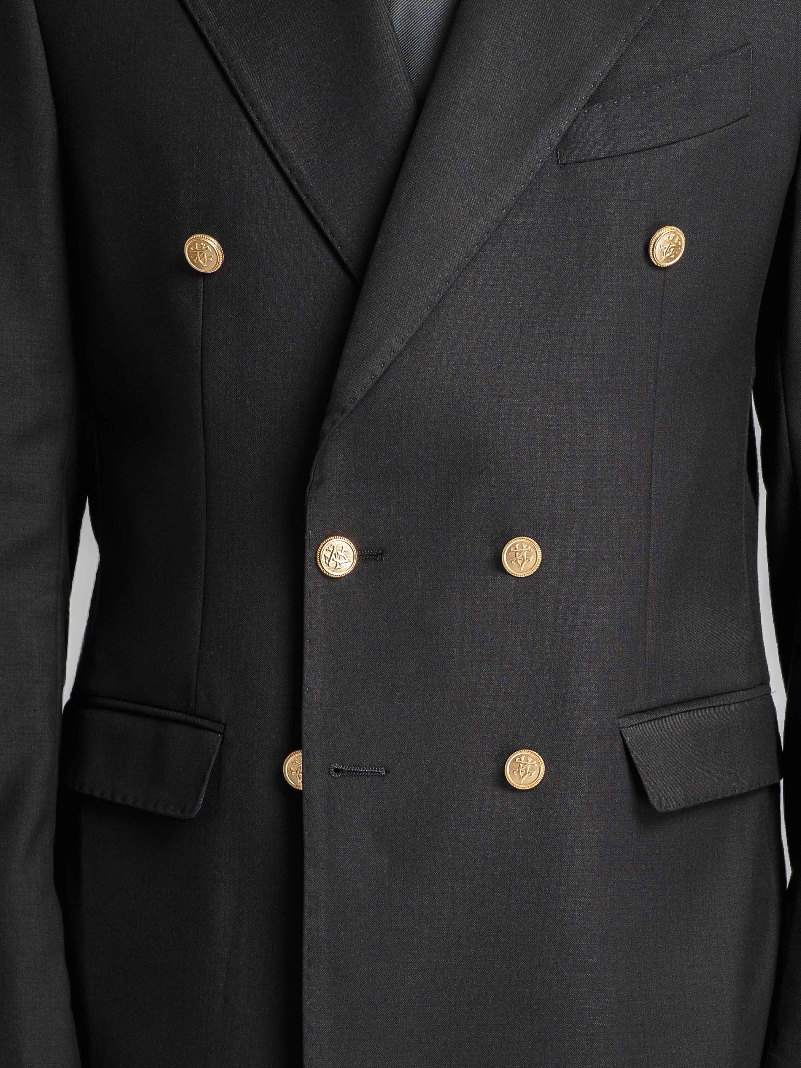 Double Breasted Suit Blazer – Jet Black Gold Button Accent (Peak Lapel)