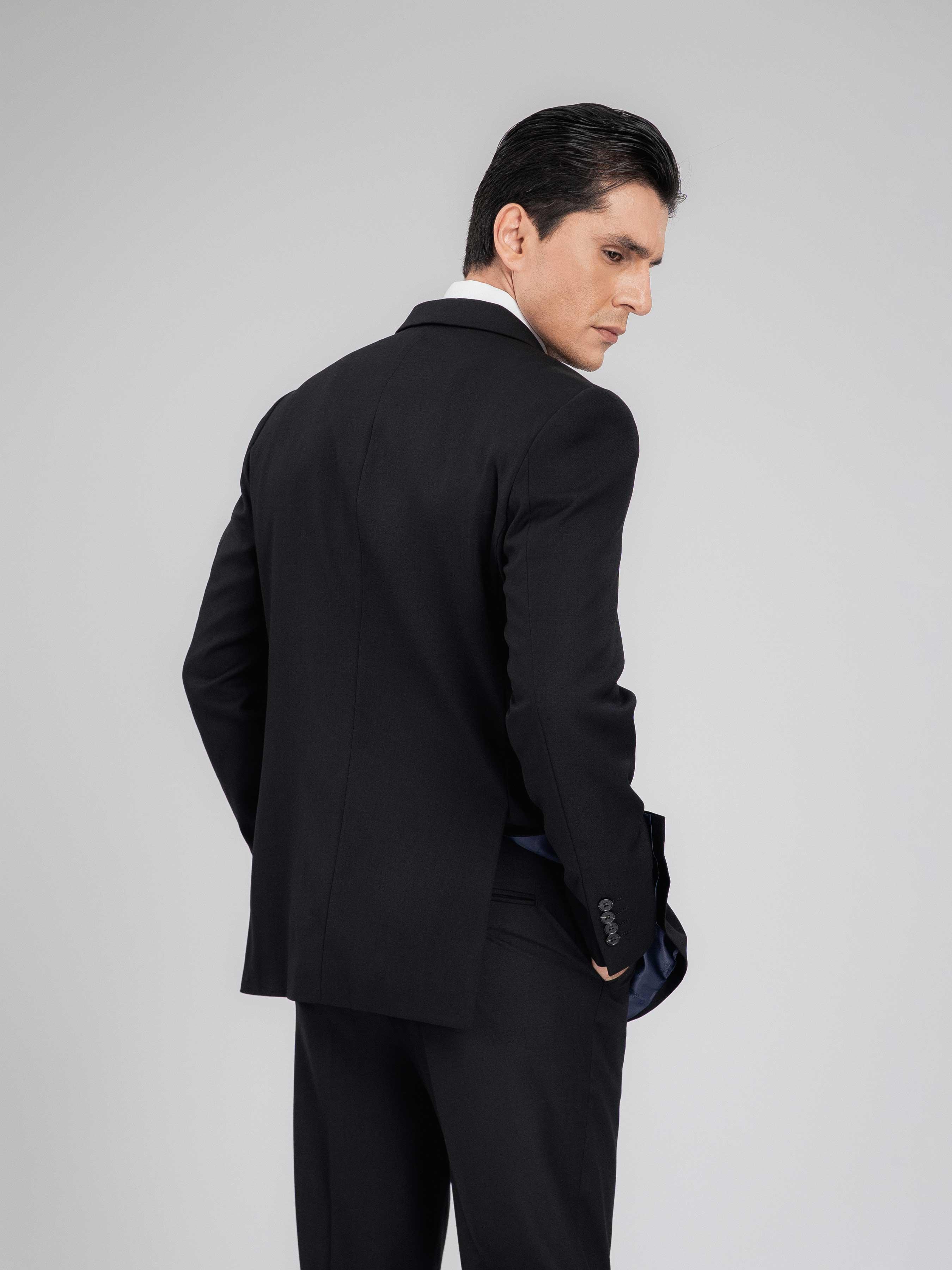 DoubleBreastedSuitBlazerJetBlackPlainPeakLapelBack - Zeve